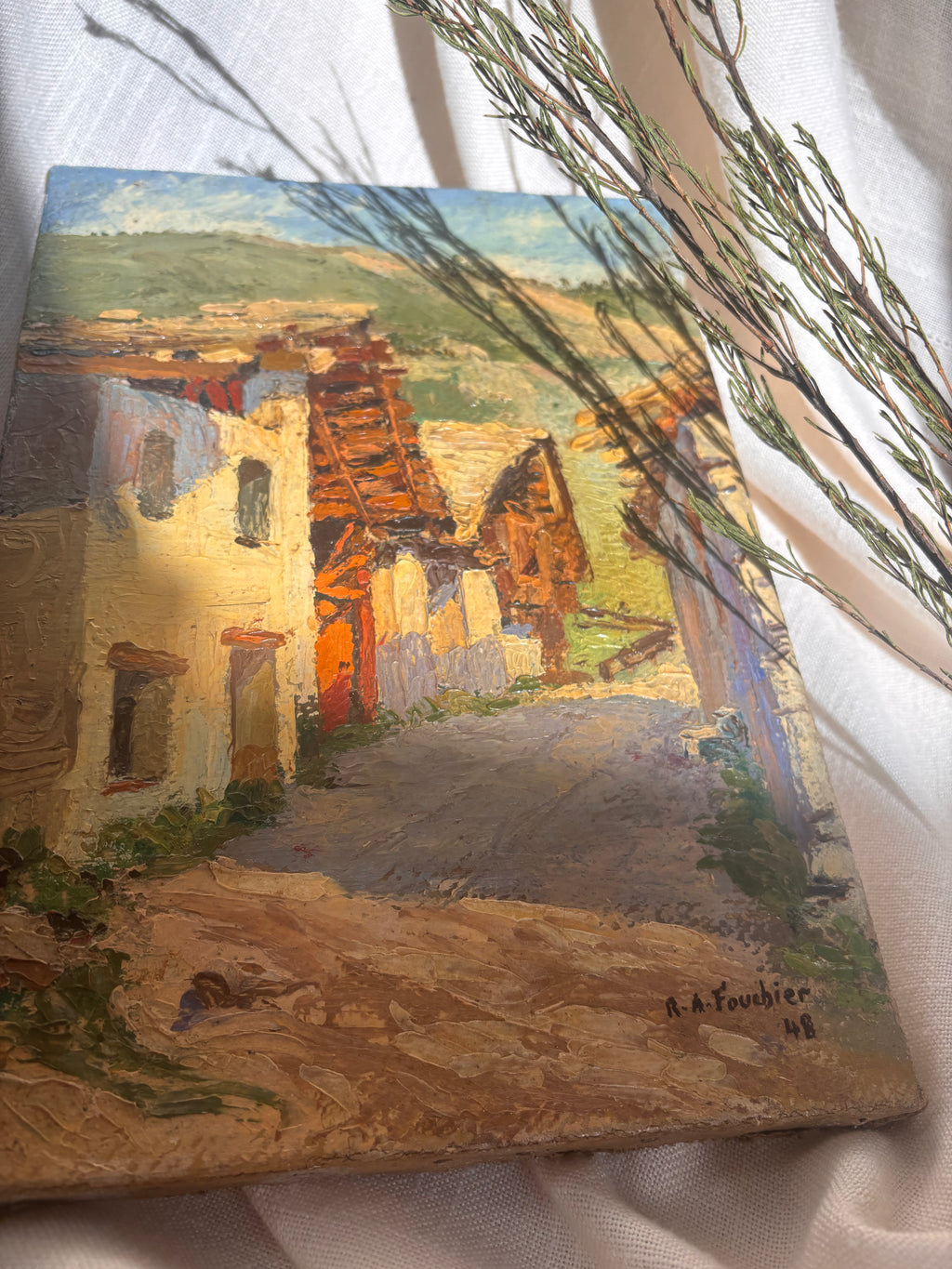 Vintage French Village Scene Oil Painting on Canvas, 1948