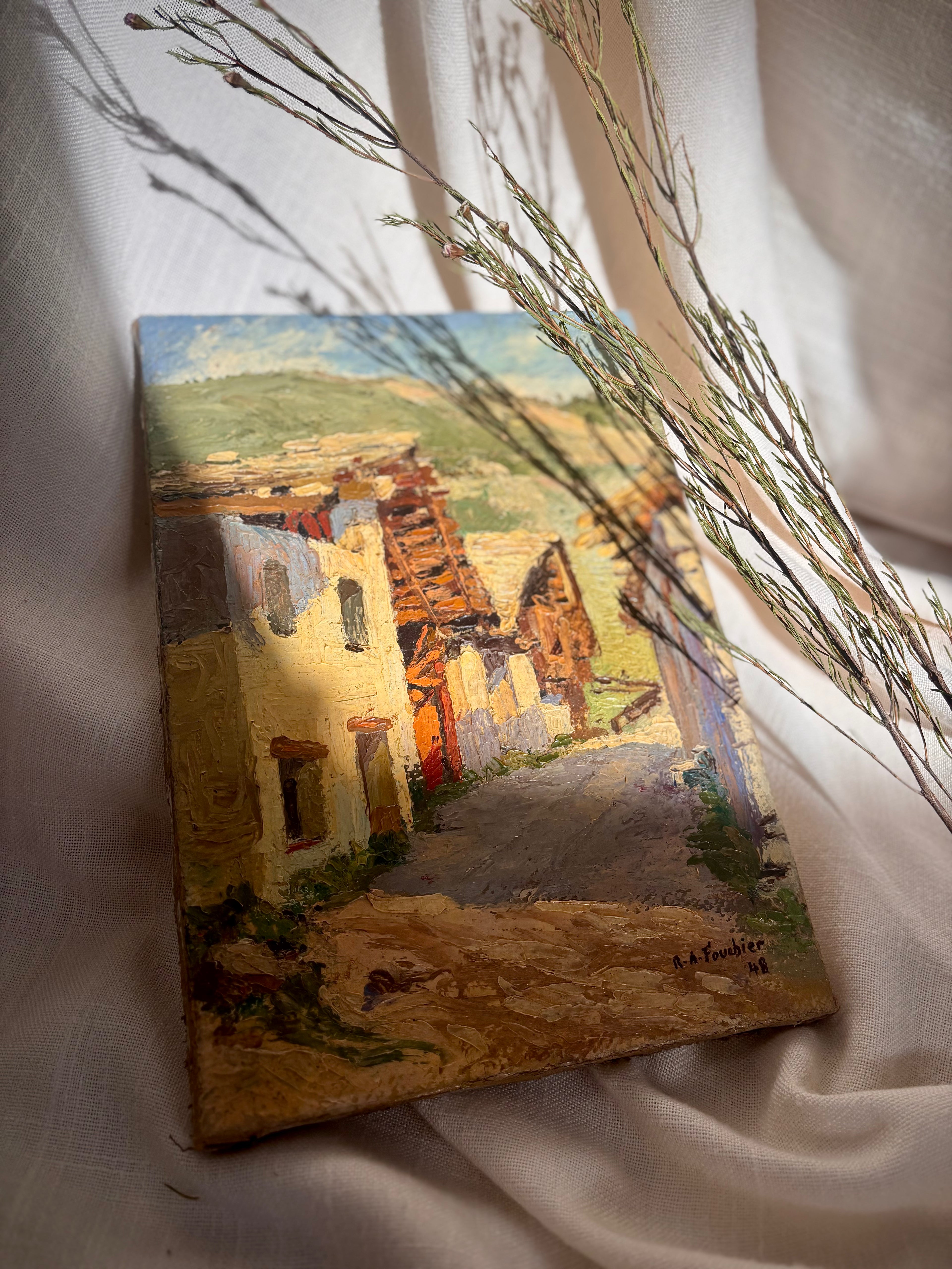 Vintage French Village Scene Oil Painting on Canvas, 1948