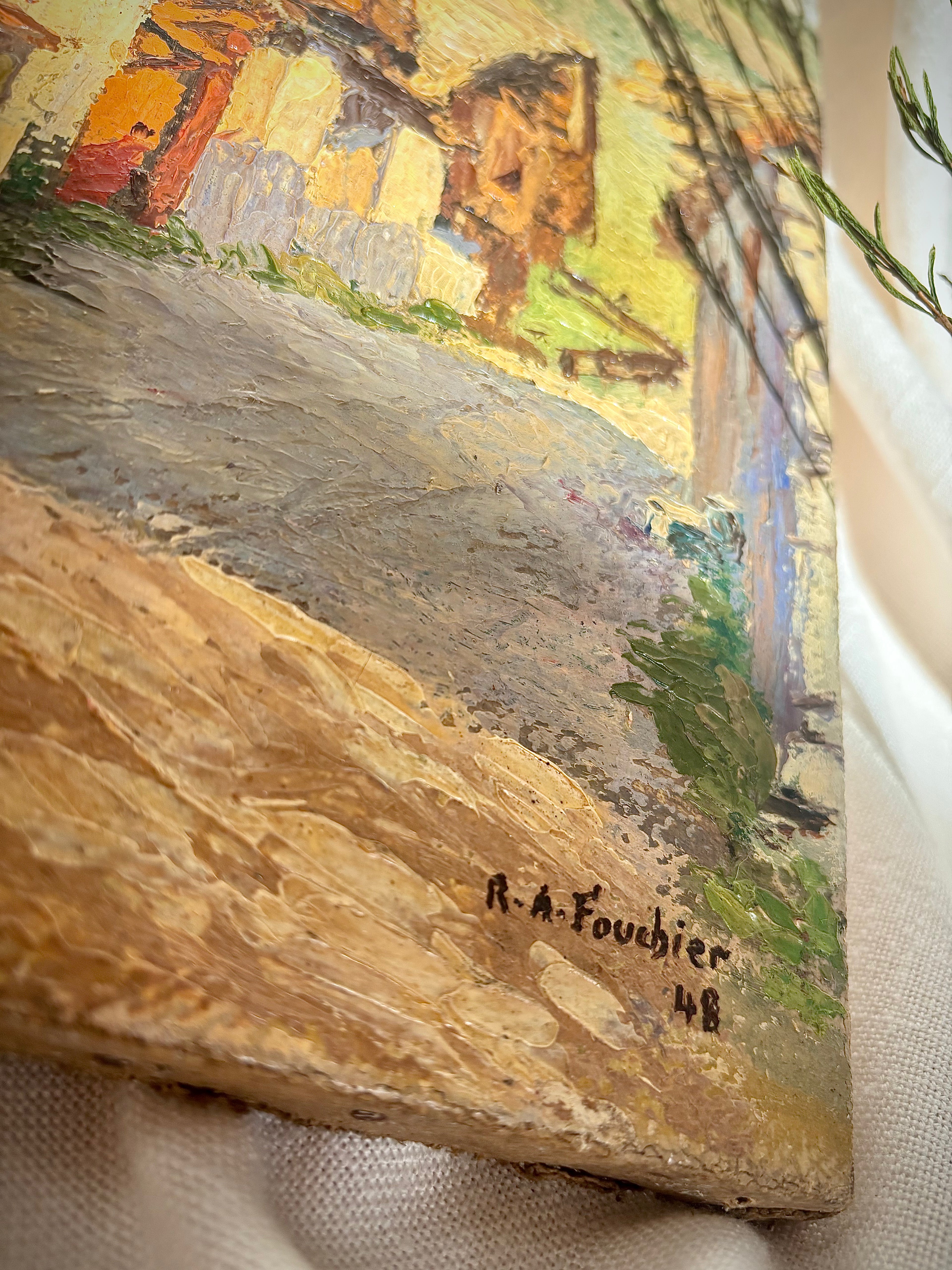 Vintage French Village Scene Oil Painting on Canvas, 1948