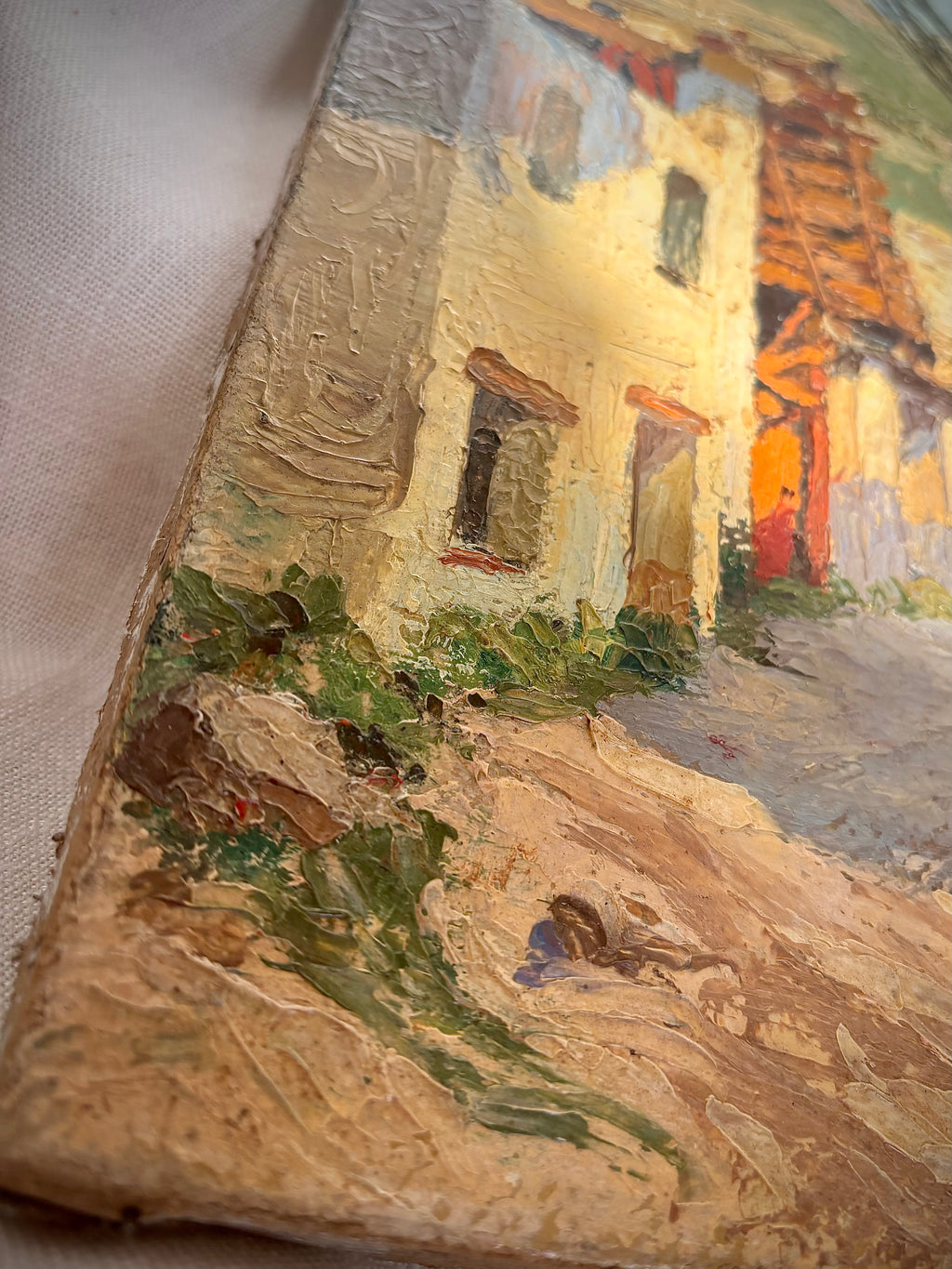 Vintage French Village Scene Oil Painting on Canvas, 1948