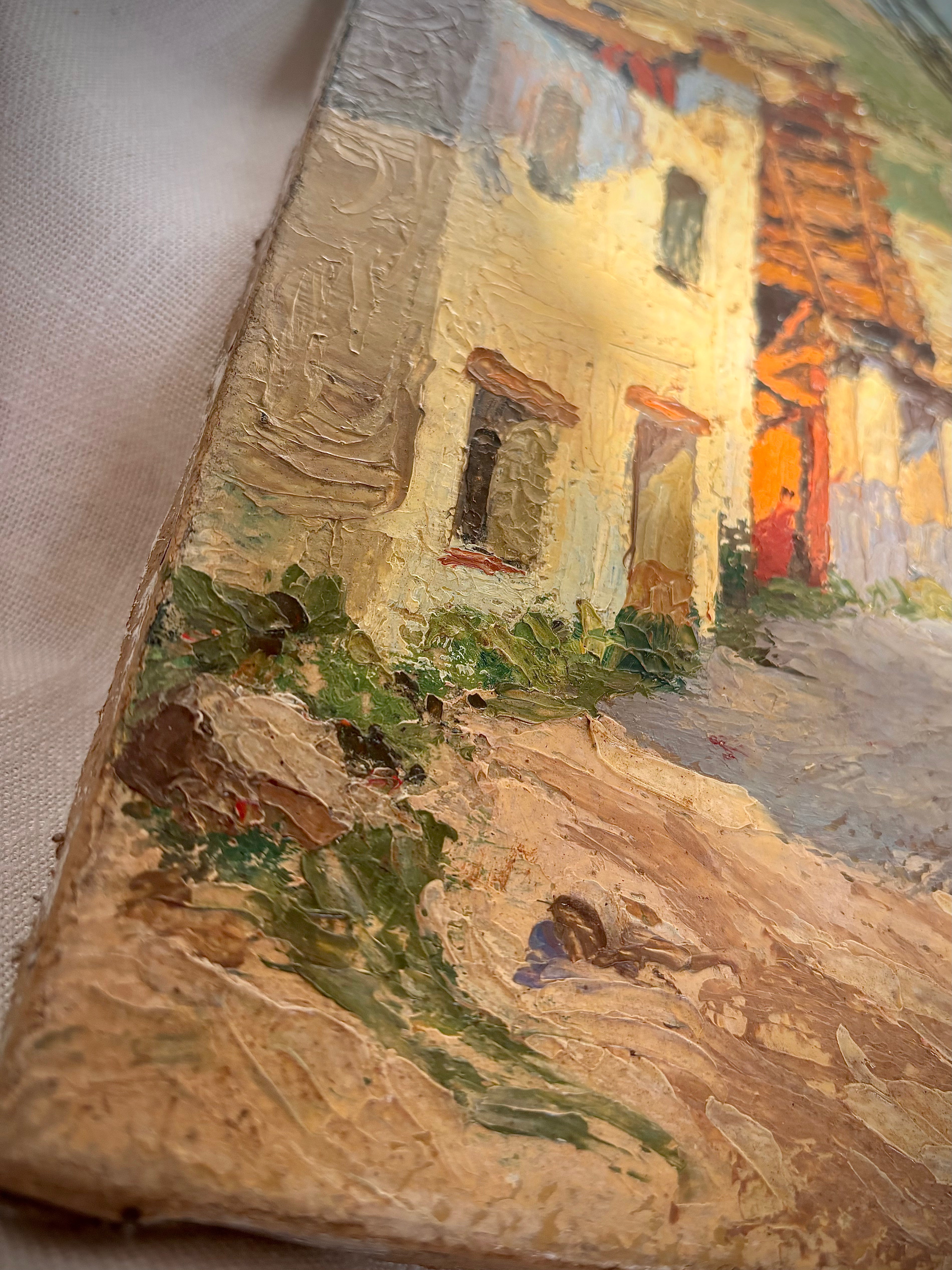 Vintage French Village Scene Oil Painting on Canvas, 1948