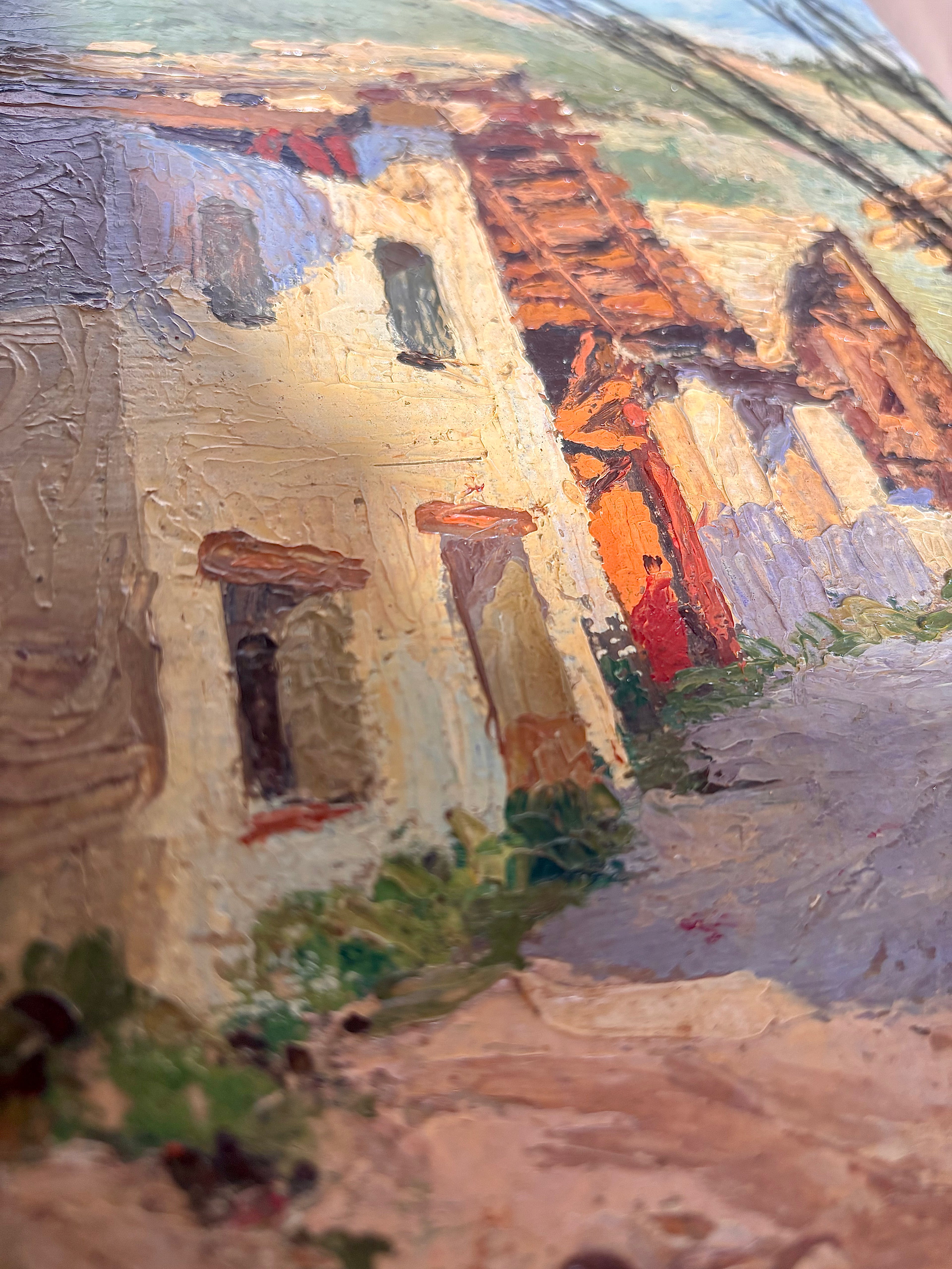 Vintage French Village Scene Oil Painting on Canvas, 1948