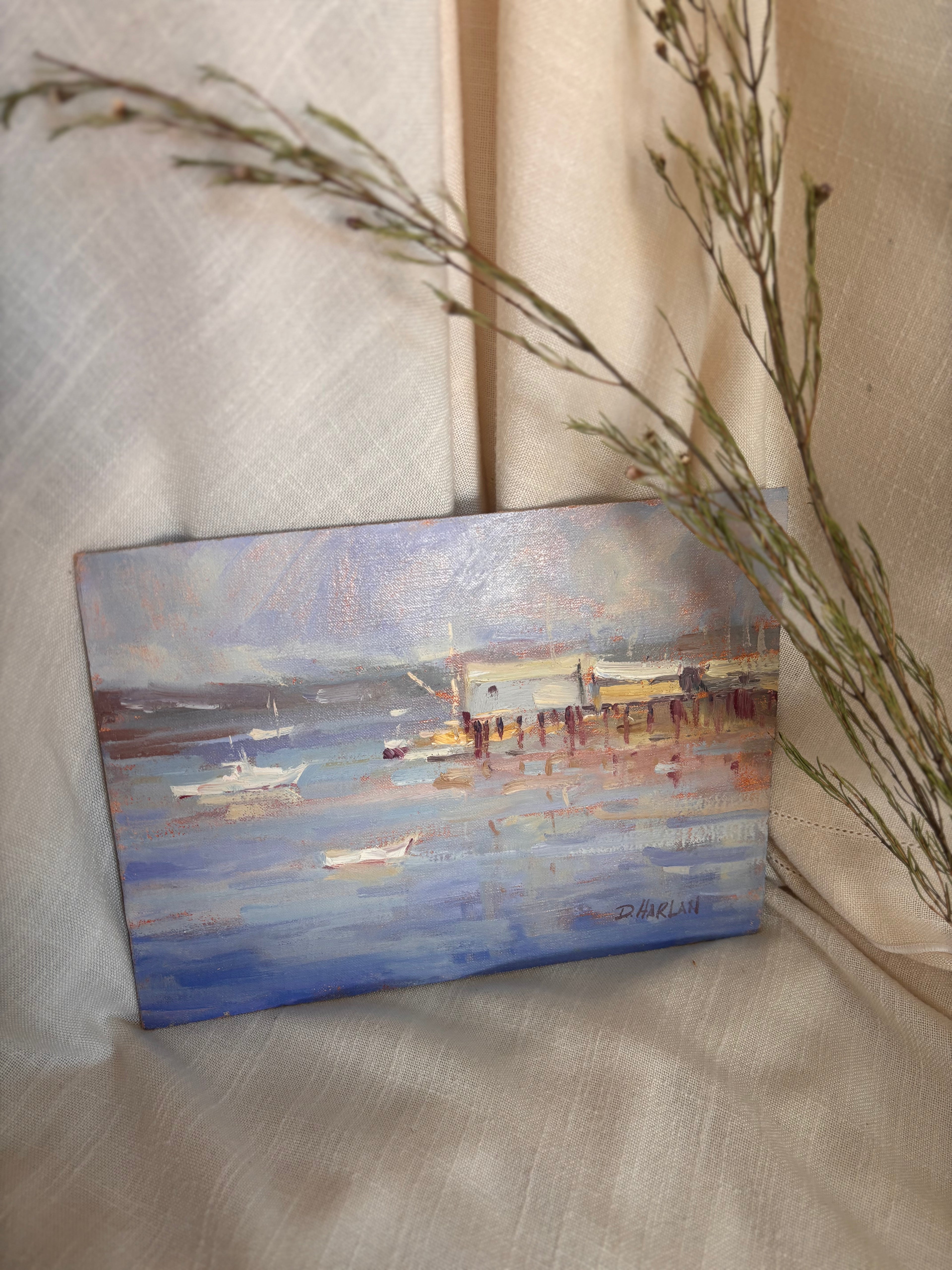 Vintage Harbor Scene Oil Painting by David Harlan