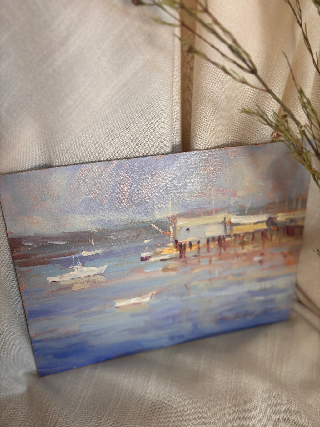 Vintage Harbor Scene Oil Painting by David Harlan