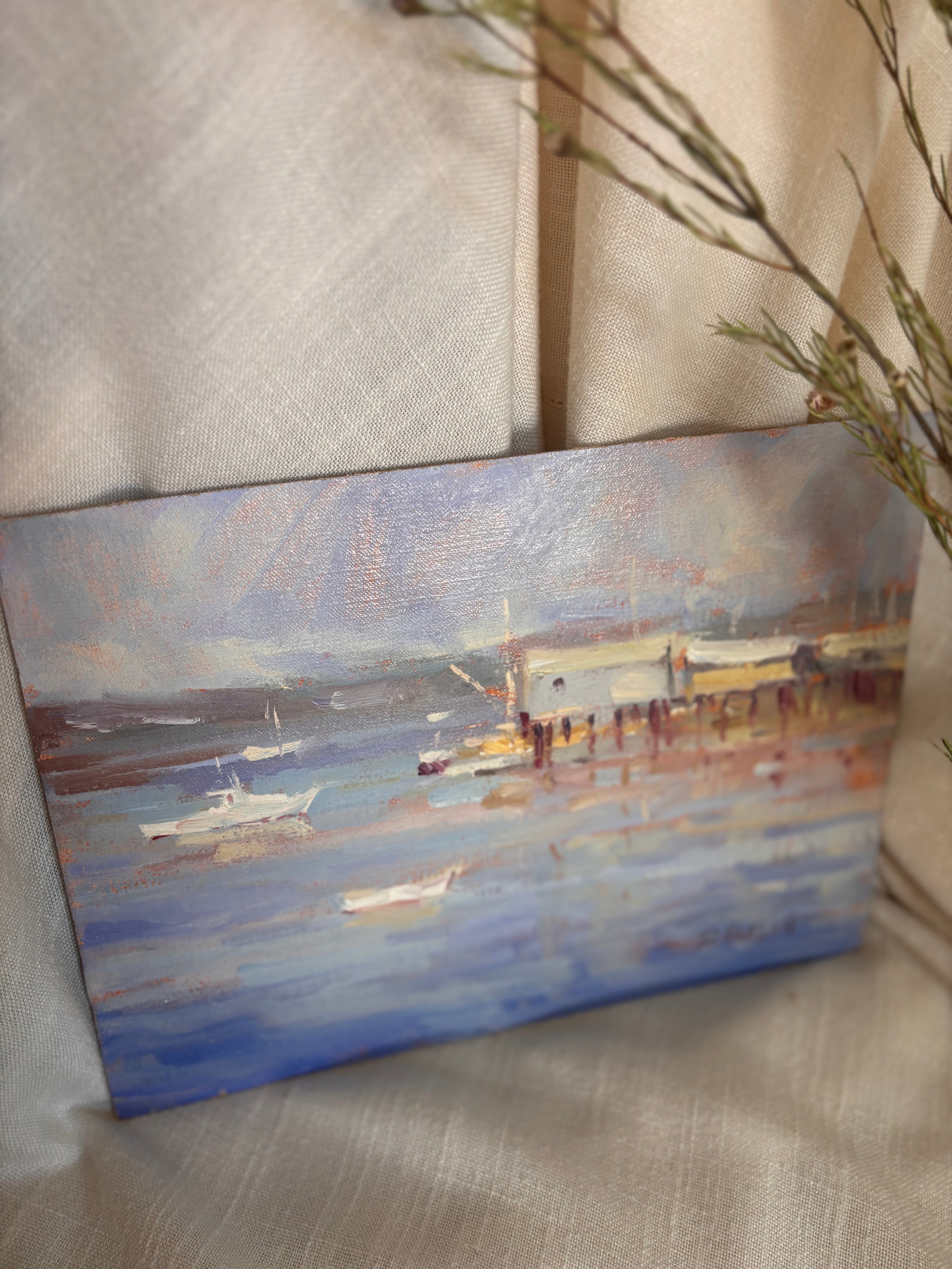 Vintage Harbor Scene Oil Painting by David Harlan