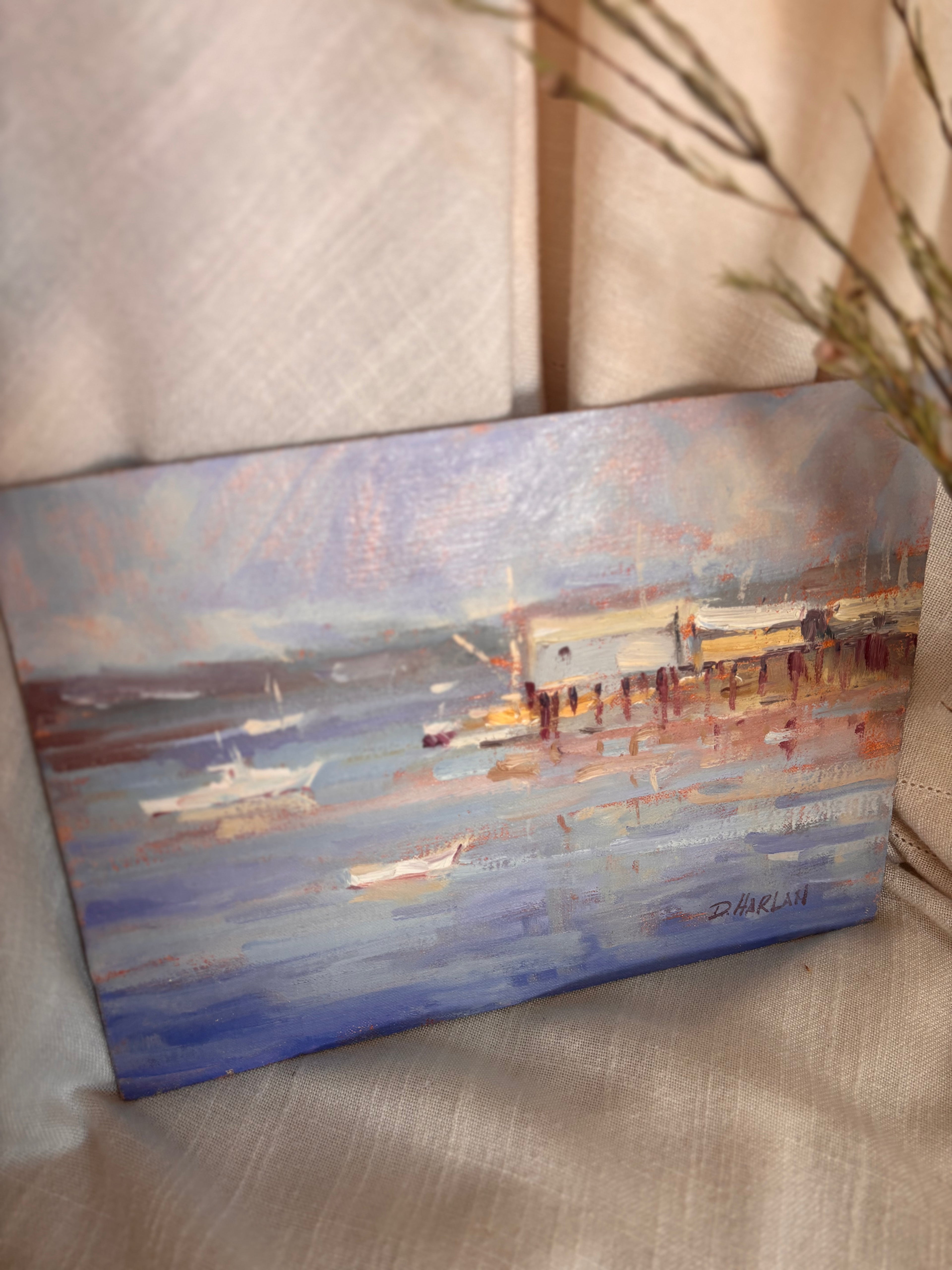 Vintage Harbor Scene Oil Painting by David Harlan