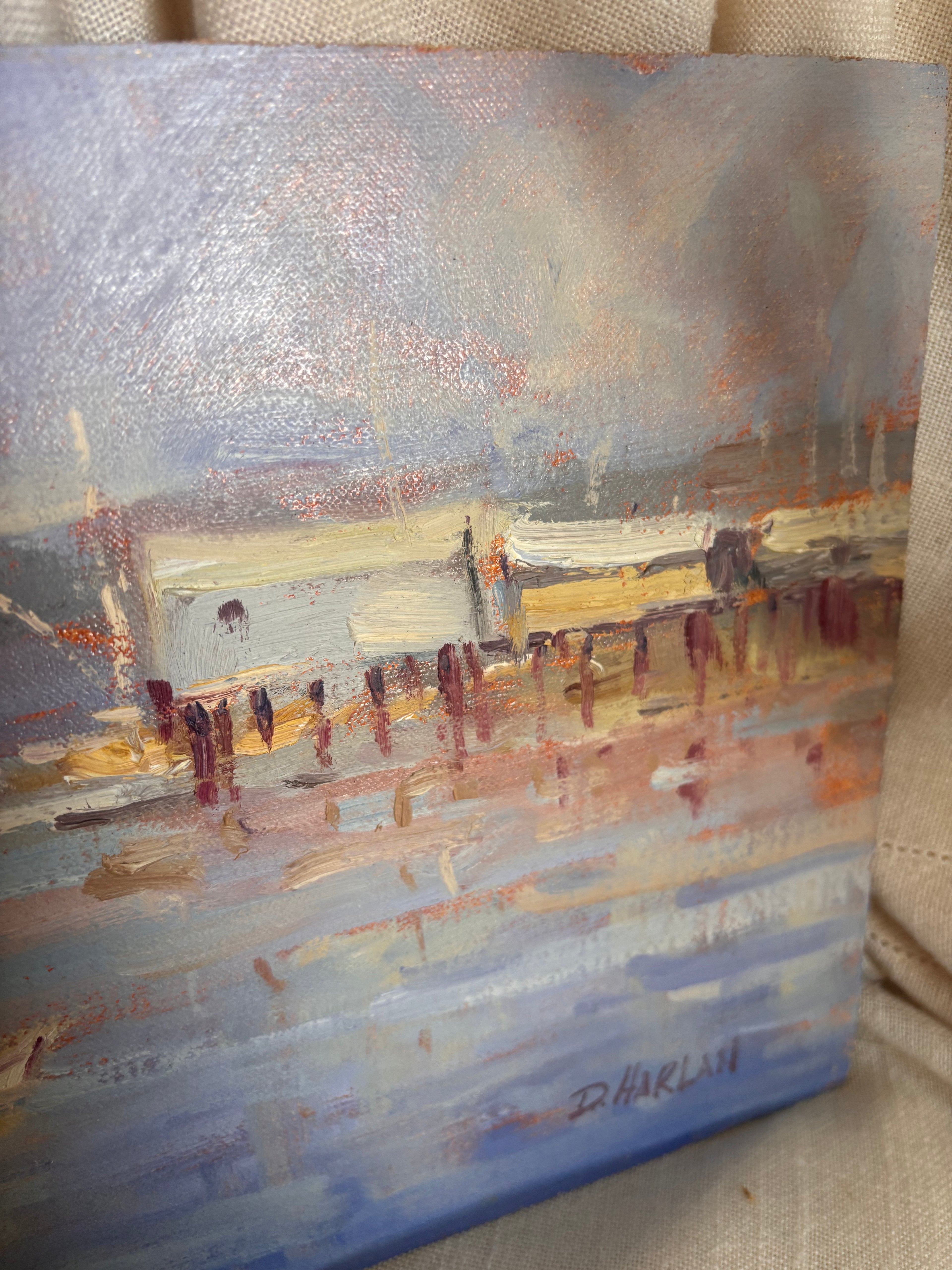 Vintage Harbor Scene Oil Painting by David Harlan