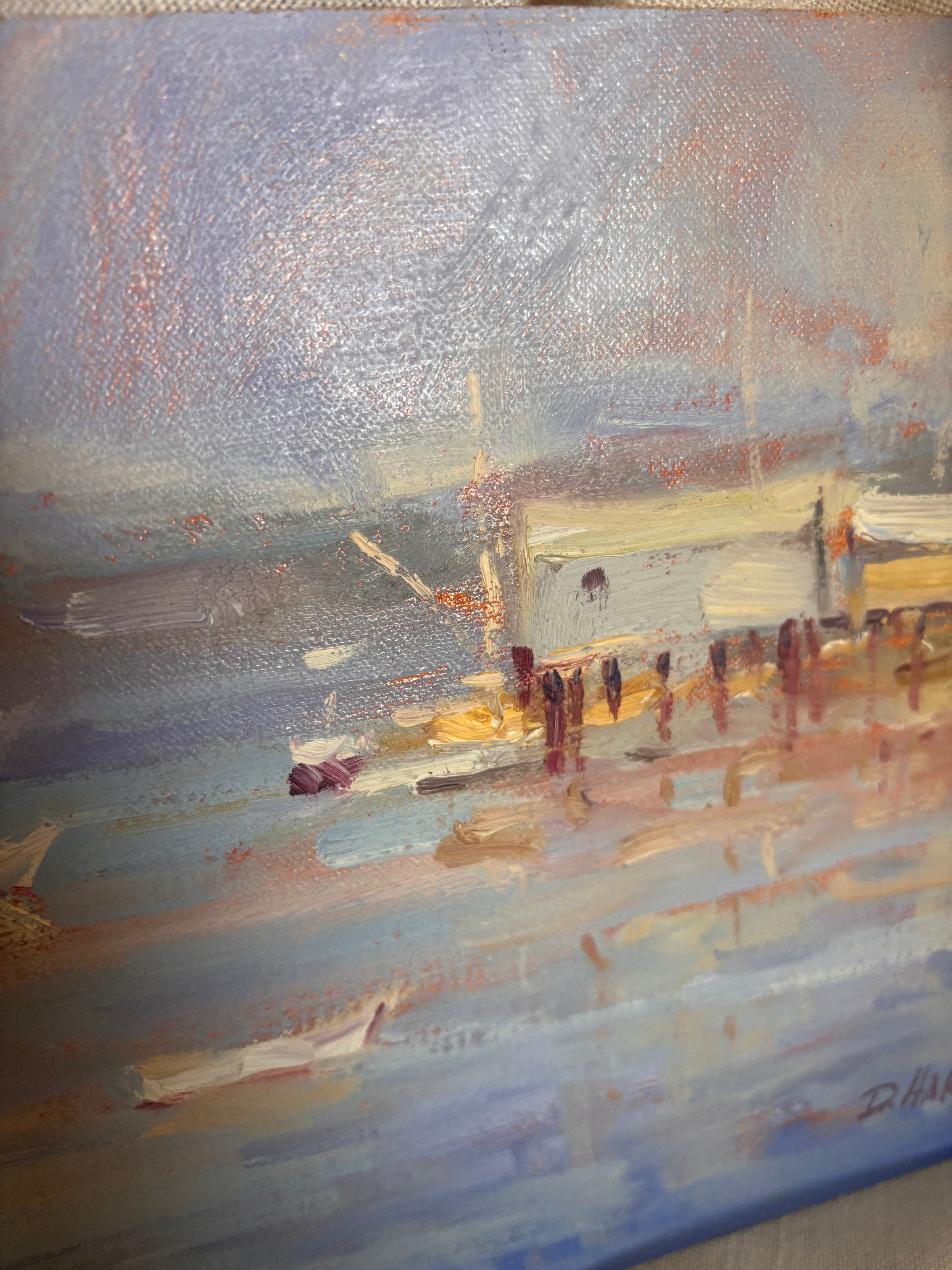 Vintage Harbor Scene Oil Painting by David Harlan
