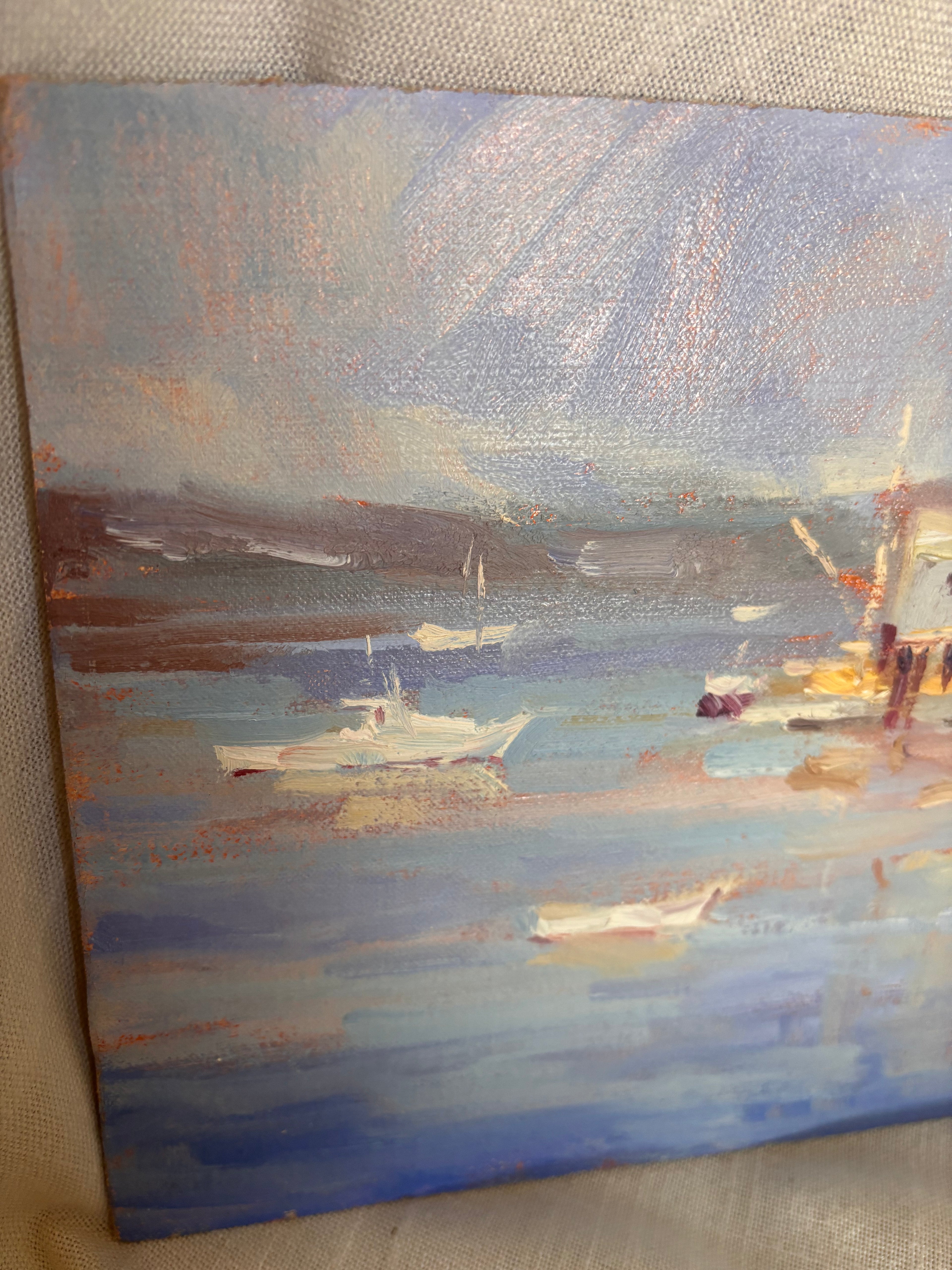 Vintage Harbor Scene Oil Painting by David Harlan