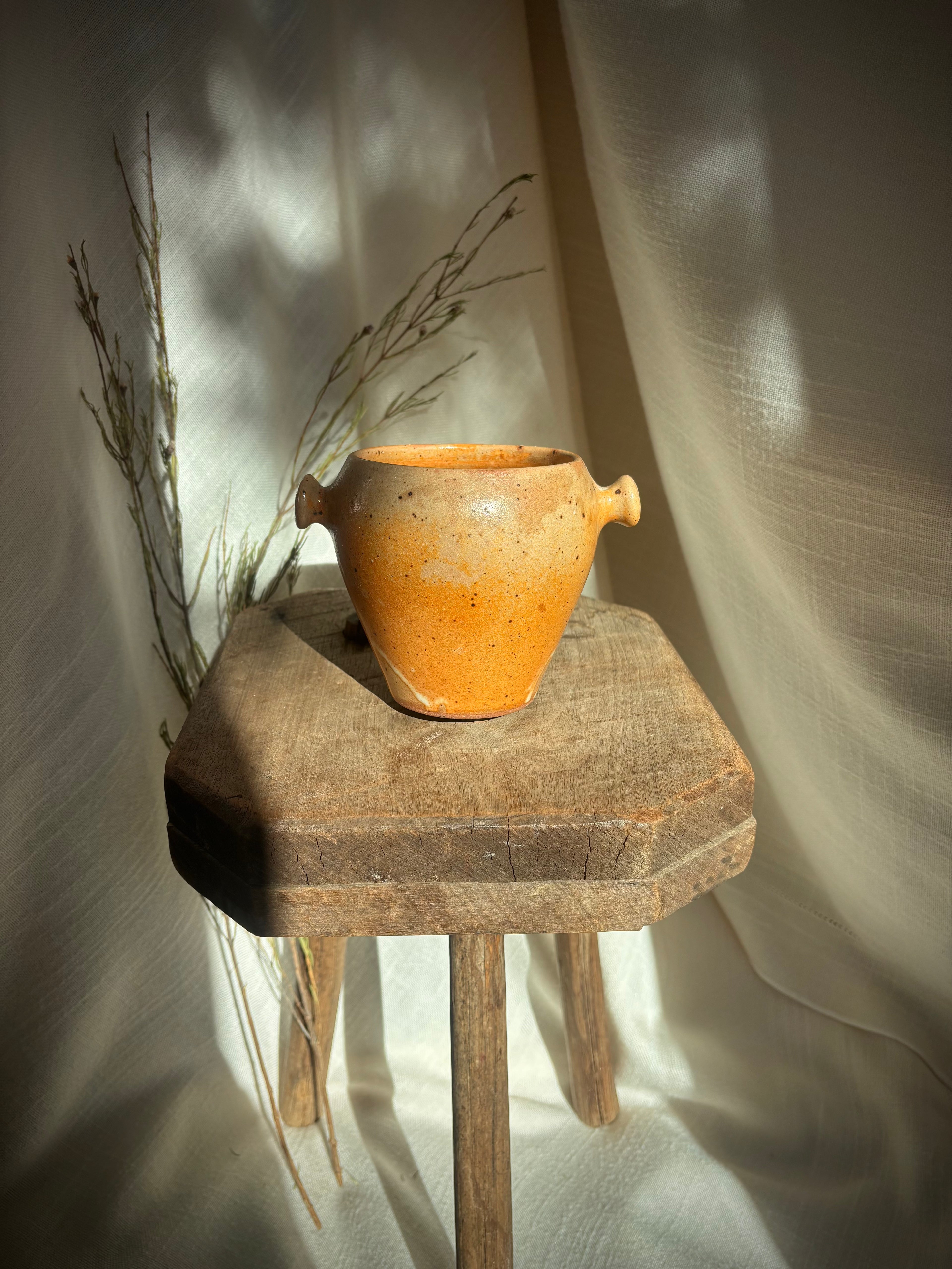 Vintage French Speckled Stoneware Lug Pot