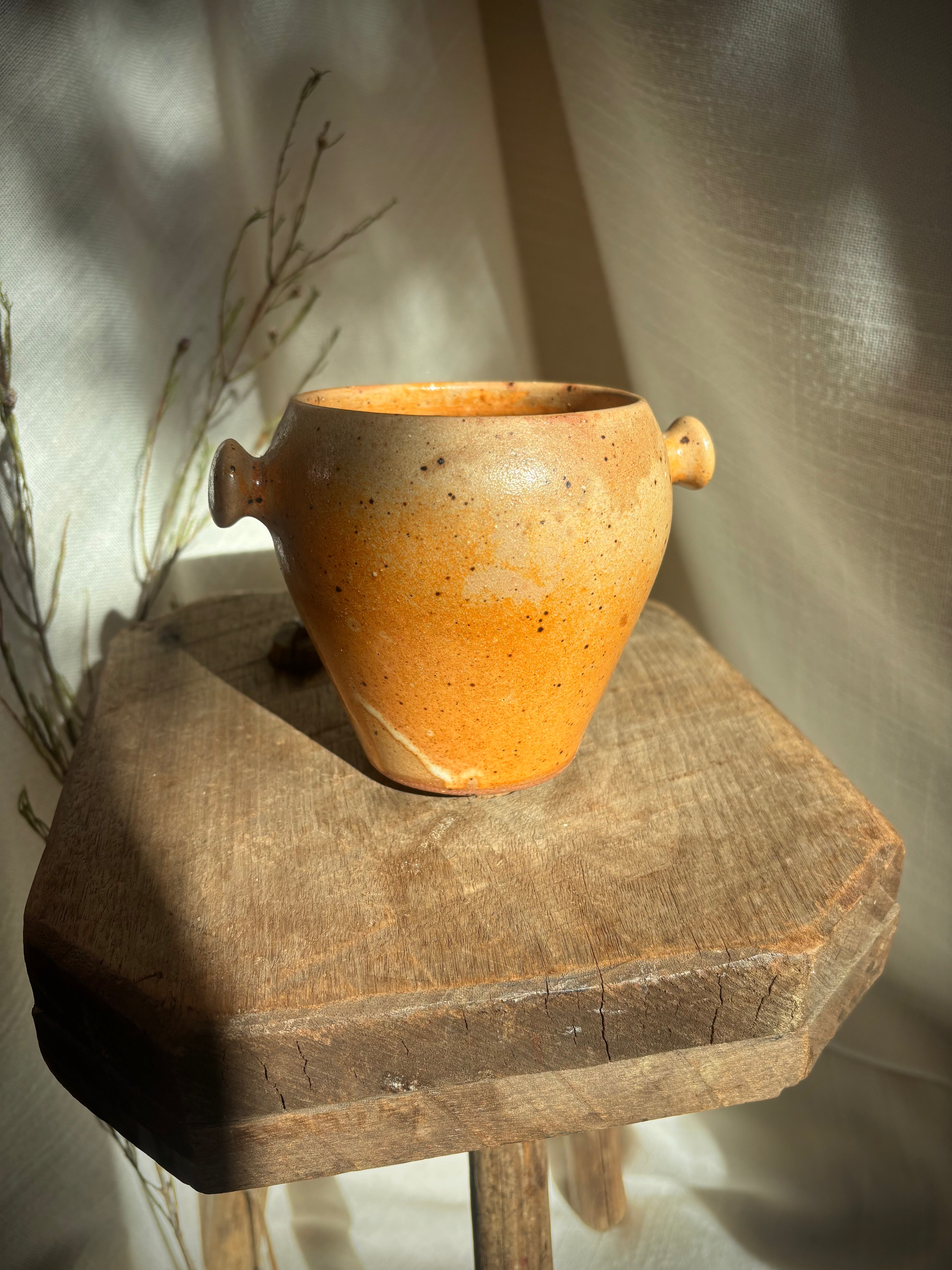 Vintage French Speckled Stoneware Lug Pot