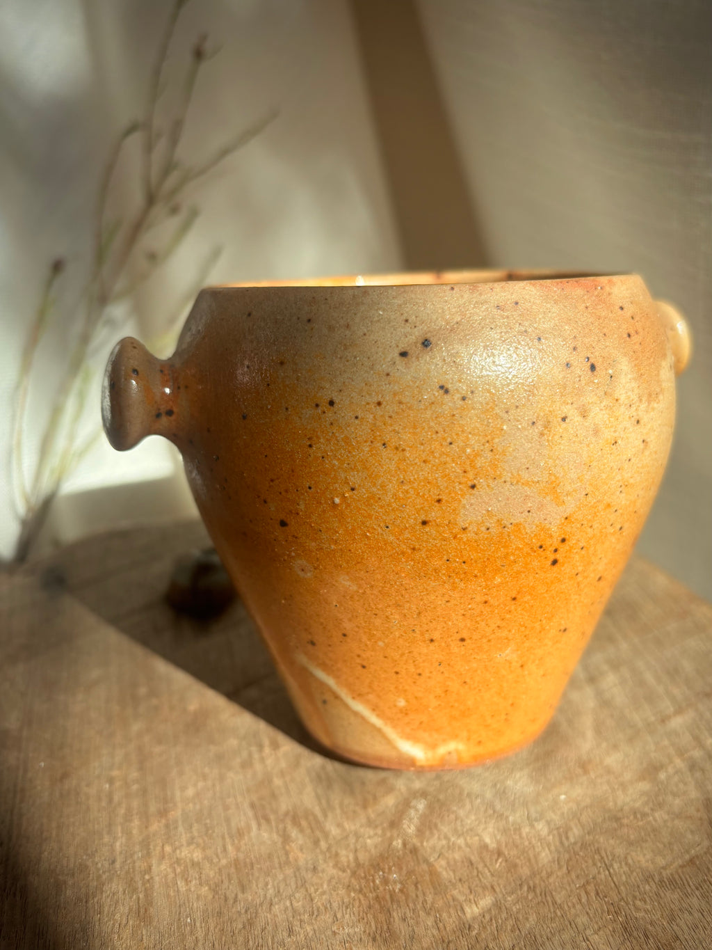 Vintage French Speckled Stoneware Lug Pot