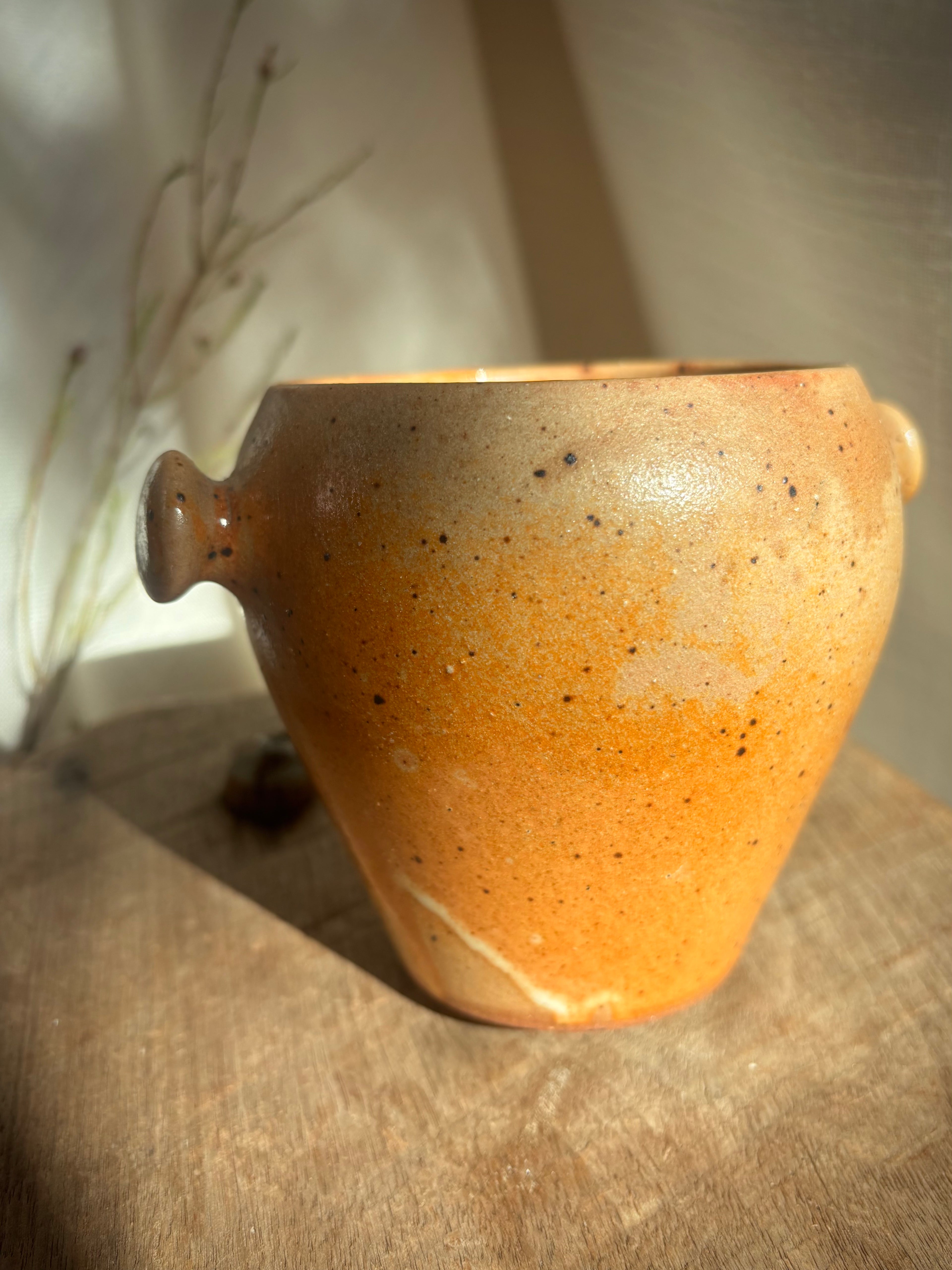 Vintage French Speckled Stoneware Lug Pot