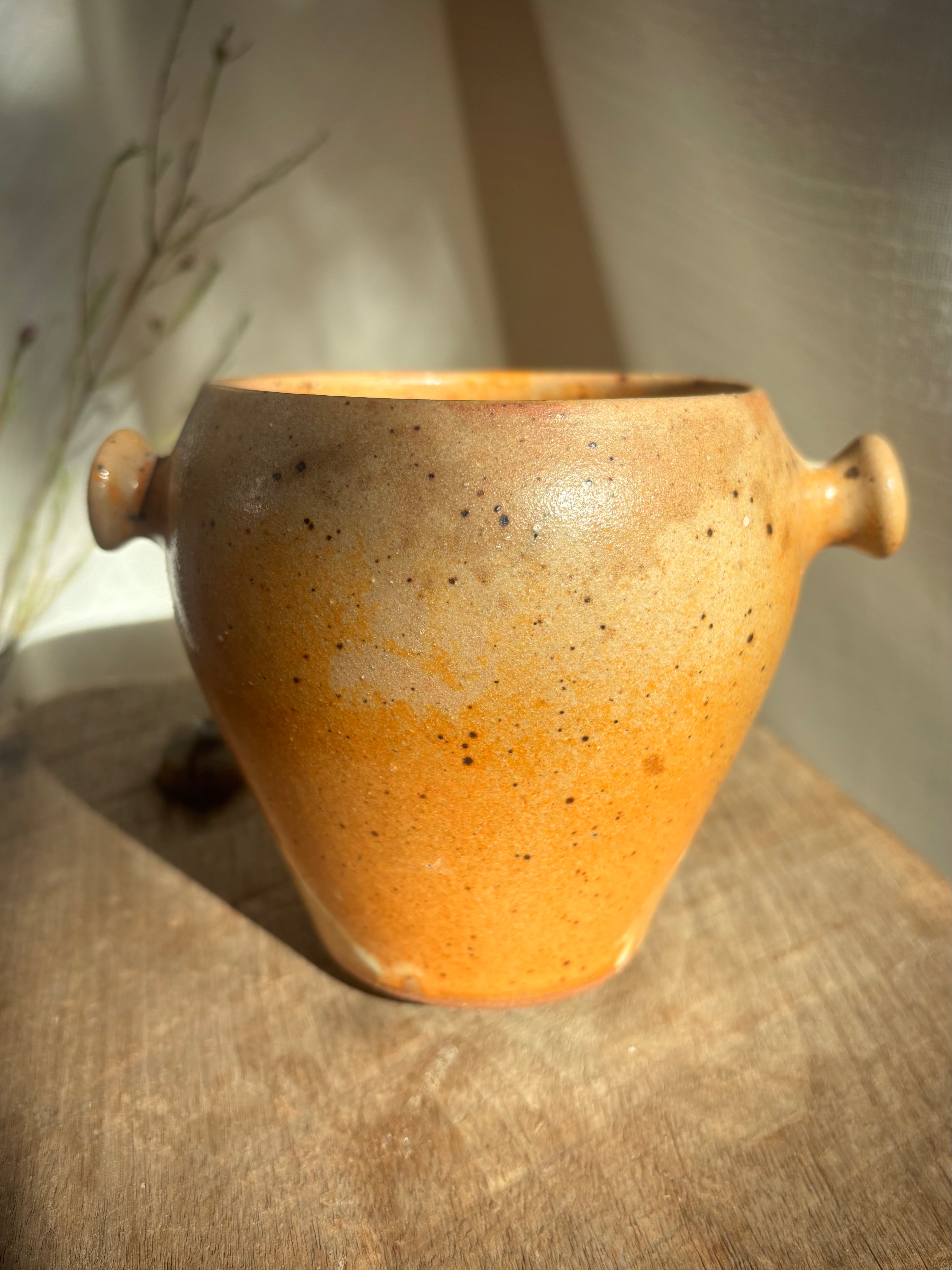 Vintage French Speckled Stoneware Lug Pot