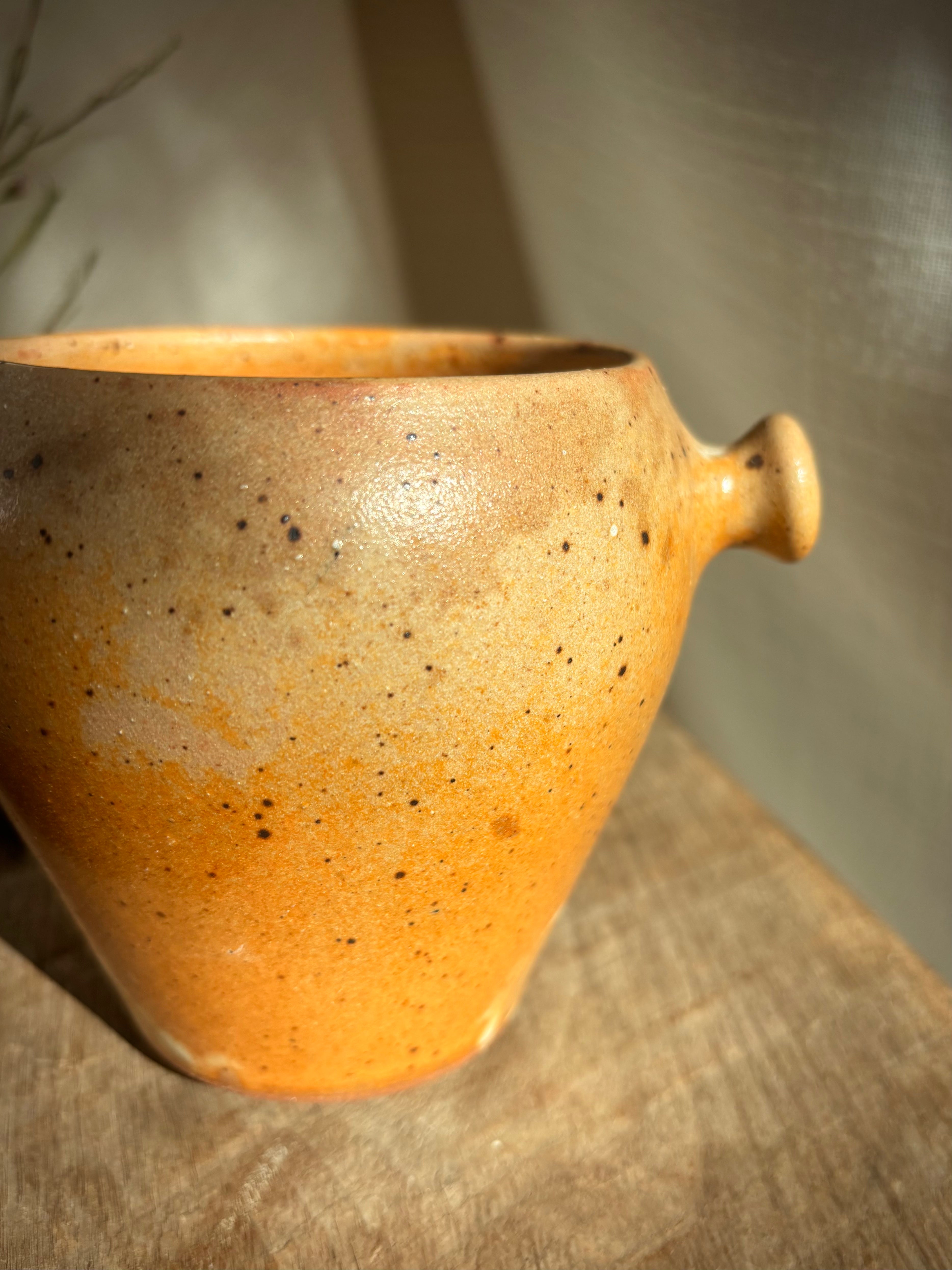 Vintage French Speckled Stoneware Lug Pot