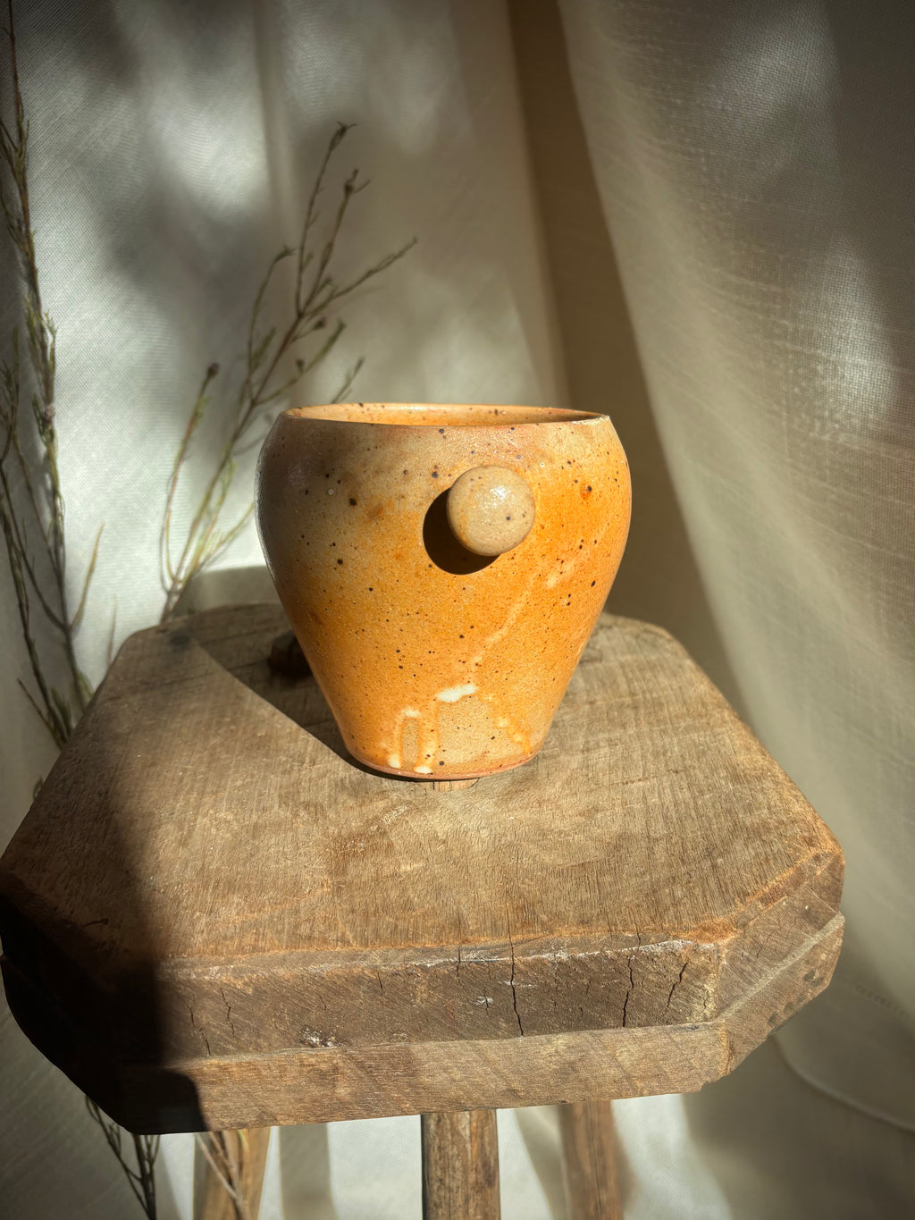 Vintage French Speckled Stoneware Lug Pot