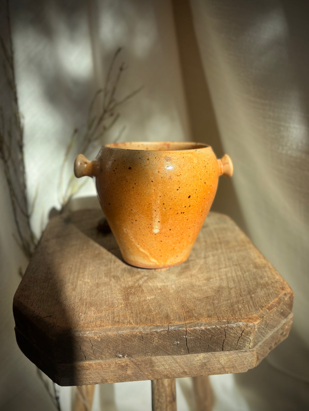 Vintage French Speckled Stoneware Lug Pot