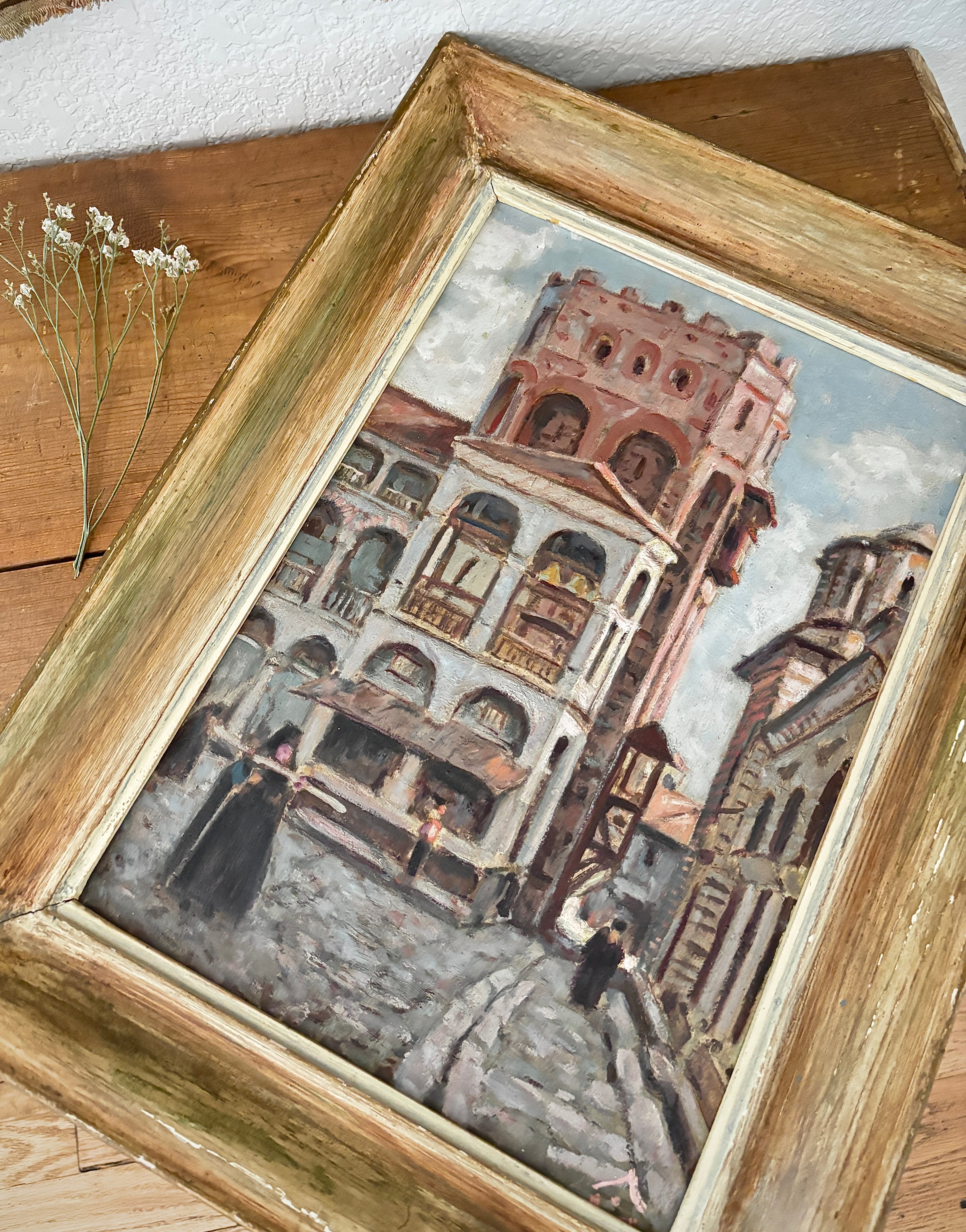 Vintage European Architectural Painting on Board