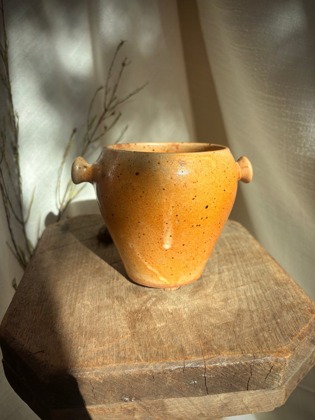 Vintage French Speckled Stoneware Lug Pot