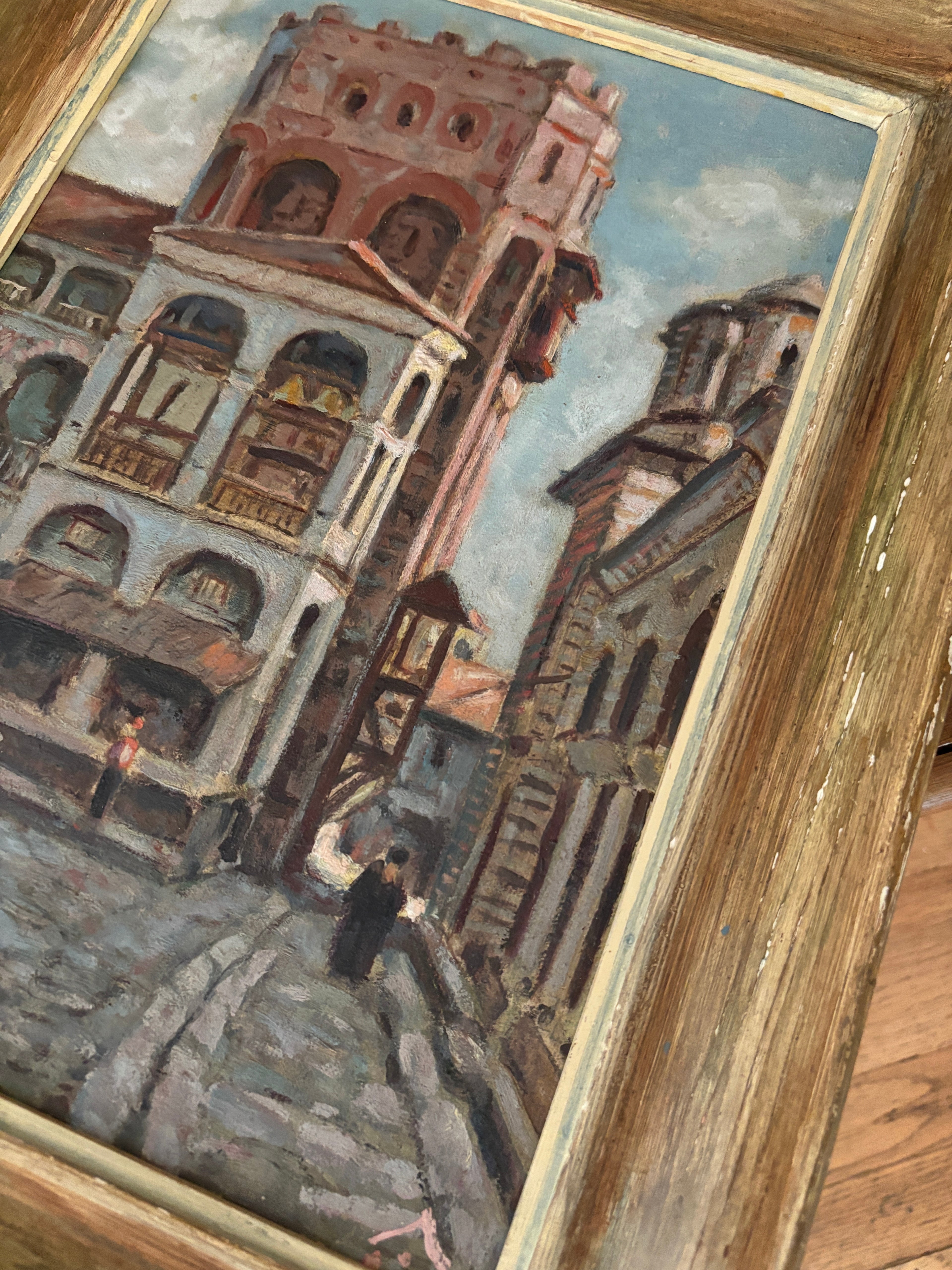 Vintage European Architectural Painting on Board