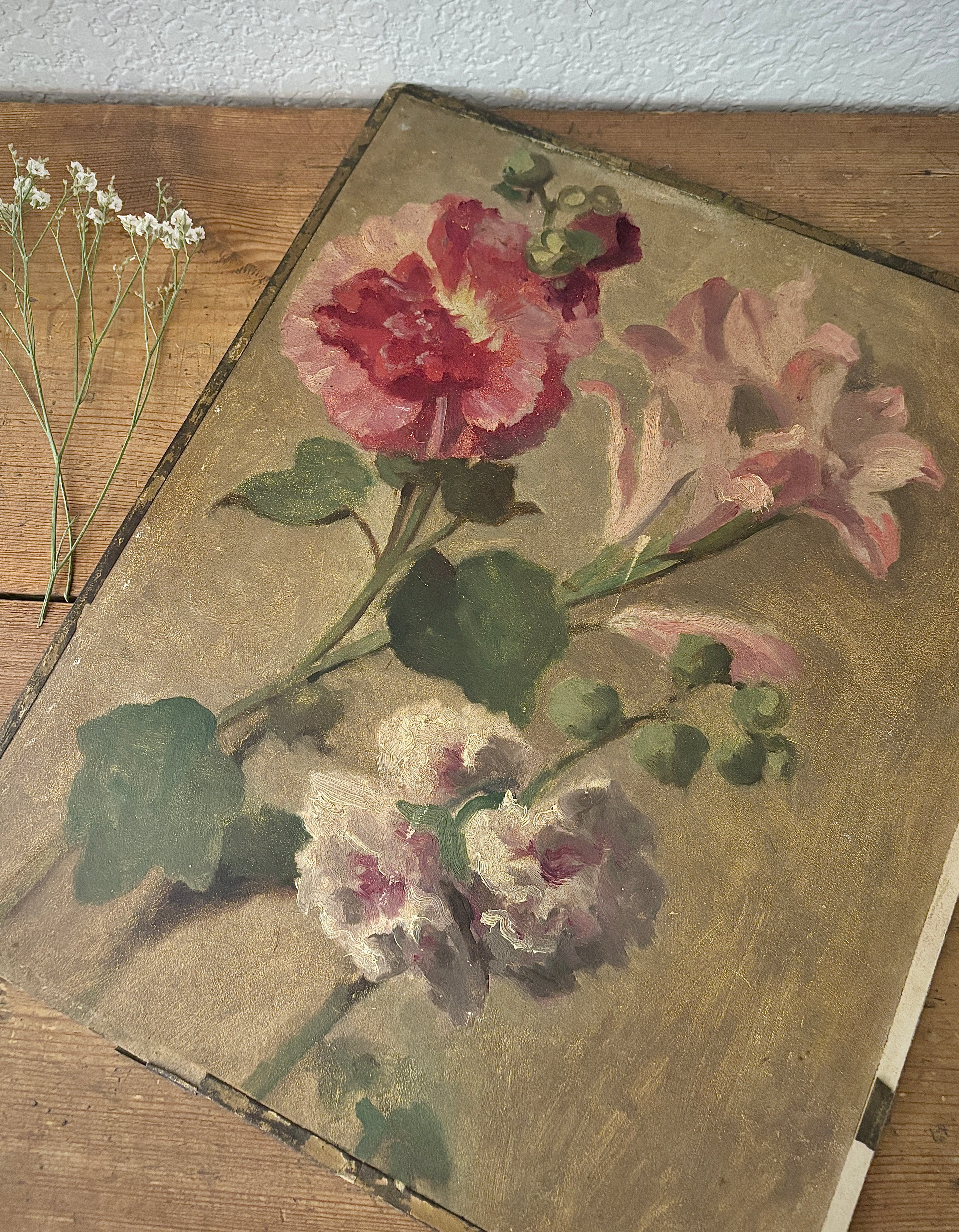 Antique French Floral Oil Painting on Board