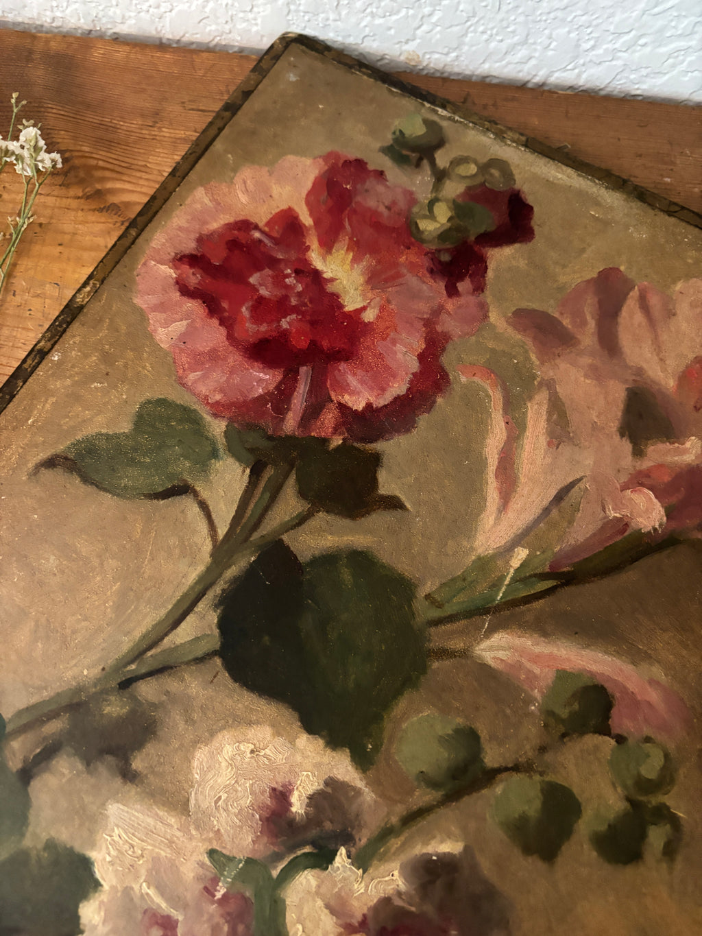 Antique French Floral Oil Painting on Board