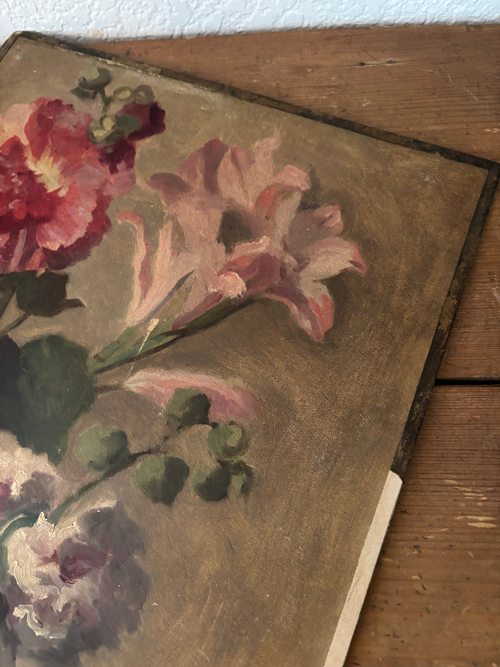 Antique French Floral Oil Painting on Board