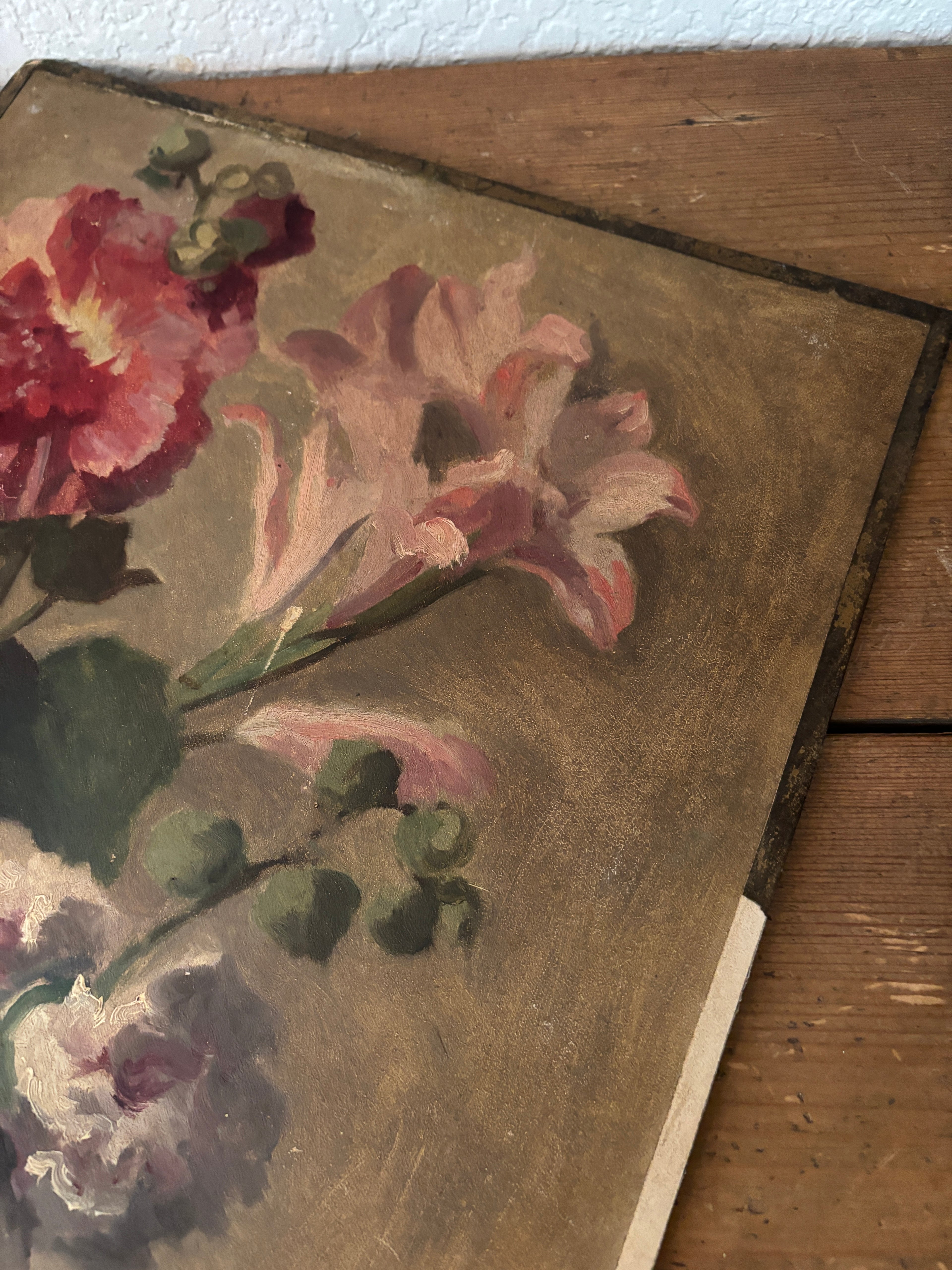 Antique French Floral Oil Painting on Board