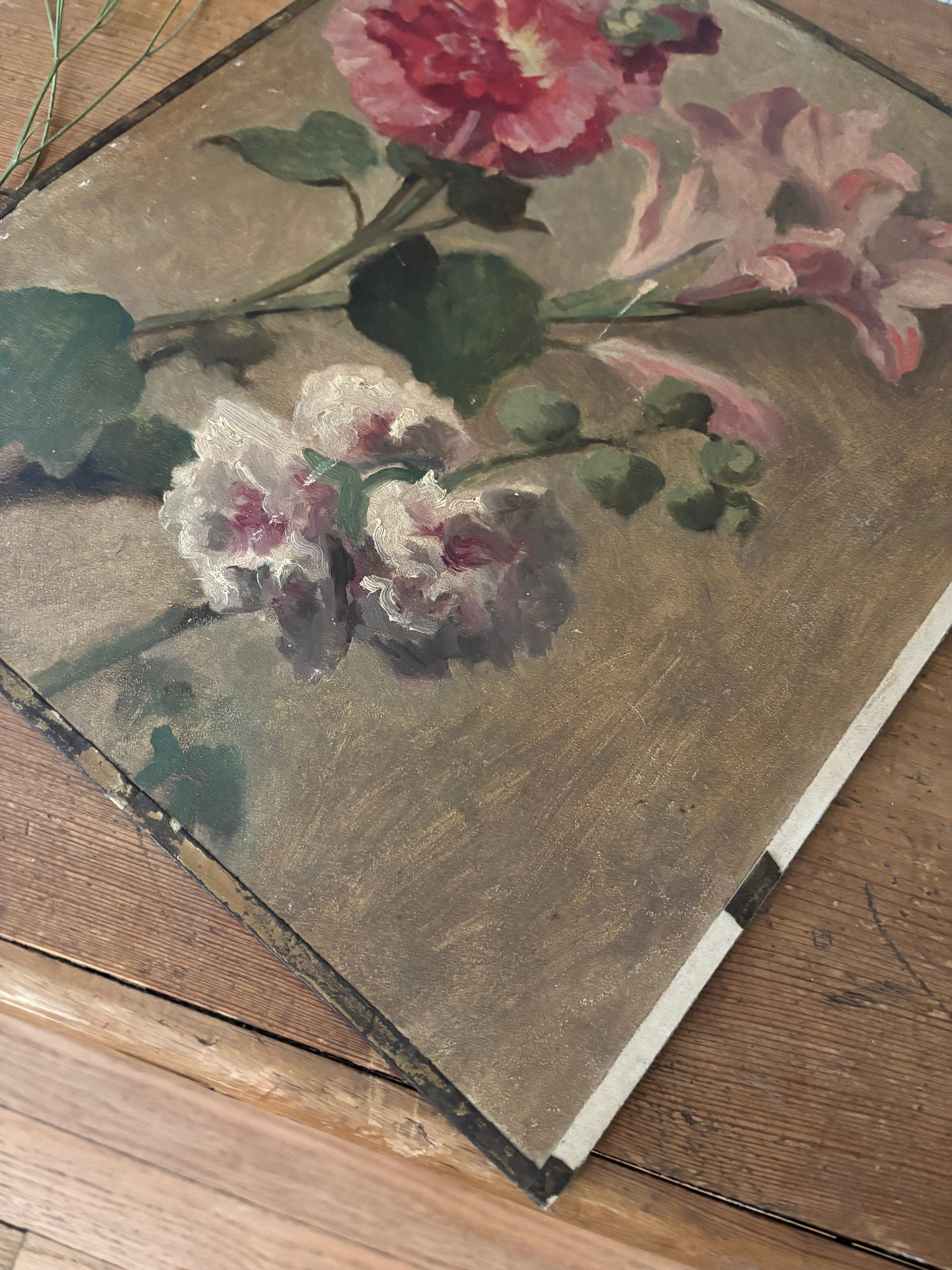 Antique French Floral Oil Painting on Board