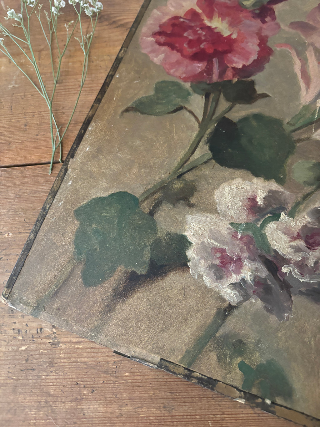 Antique French Floral Oil Painting on Board