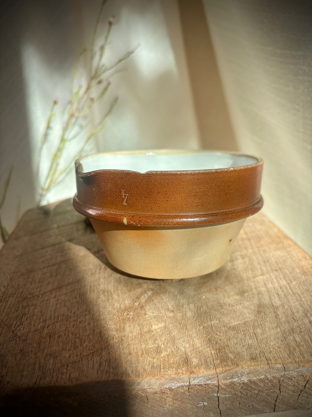 Vintage French Stoneware Mixing Bowl with Spout