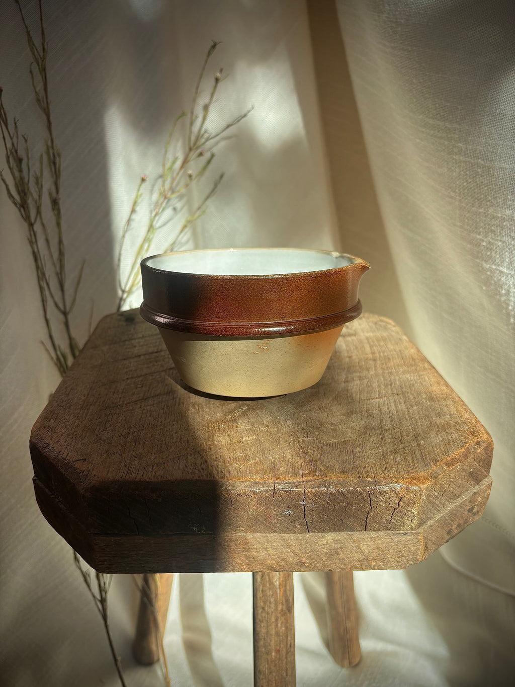 Vintage French Stoneware Mixing Bowl with Spout