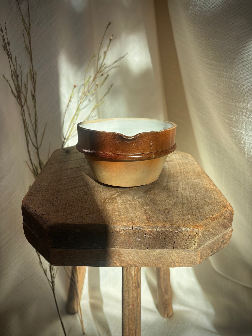 Vintage French Stoneware Mixing Bowl with Spout