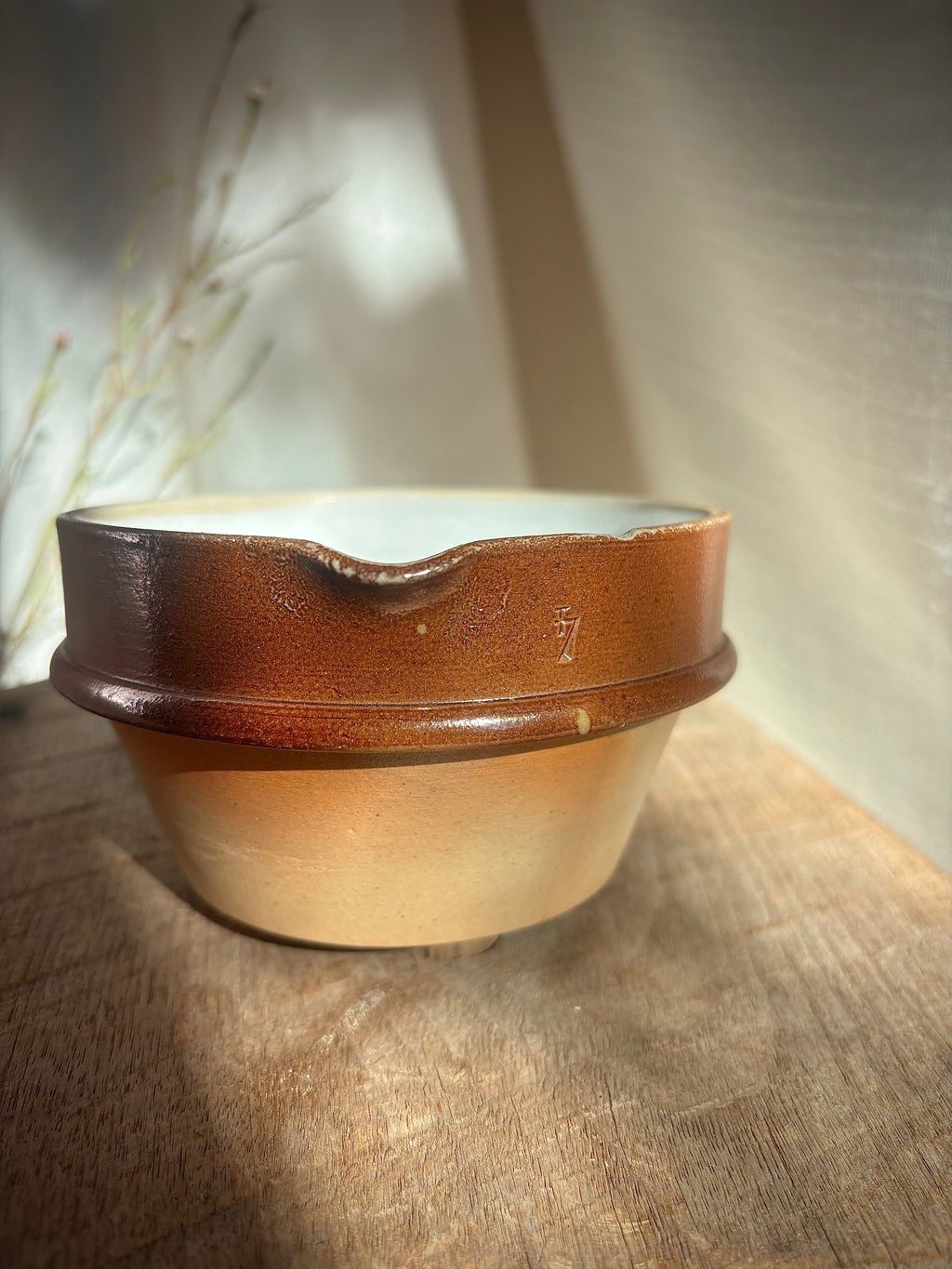 Vintage French Stoneware Mixing Bowl with Spout