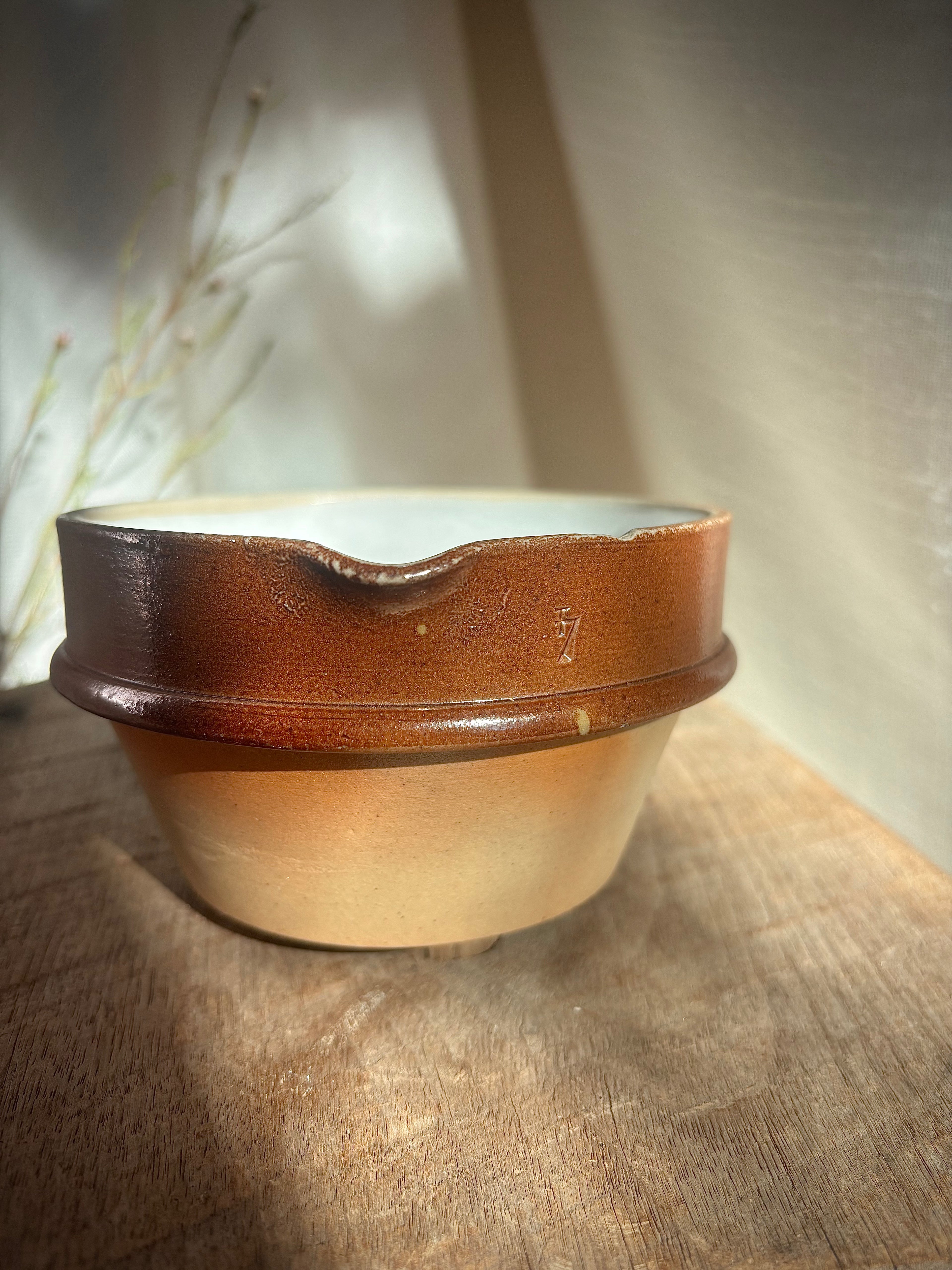 Vintage French Stoneware Mixing Bowl with Spout