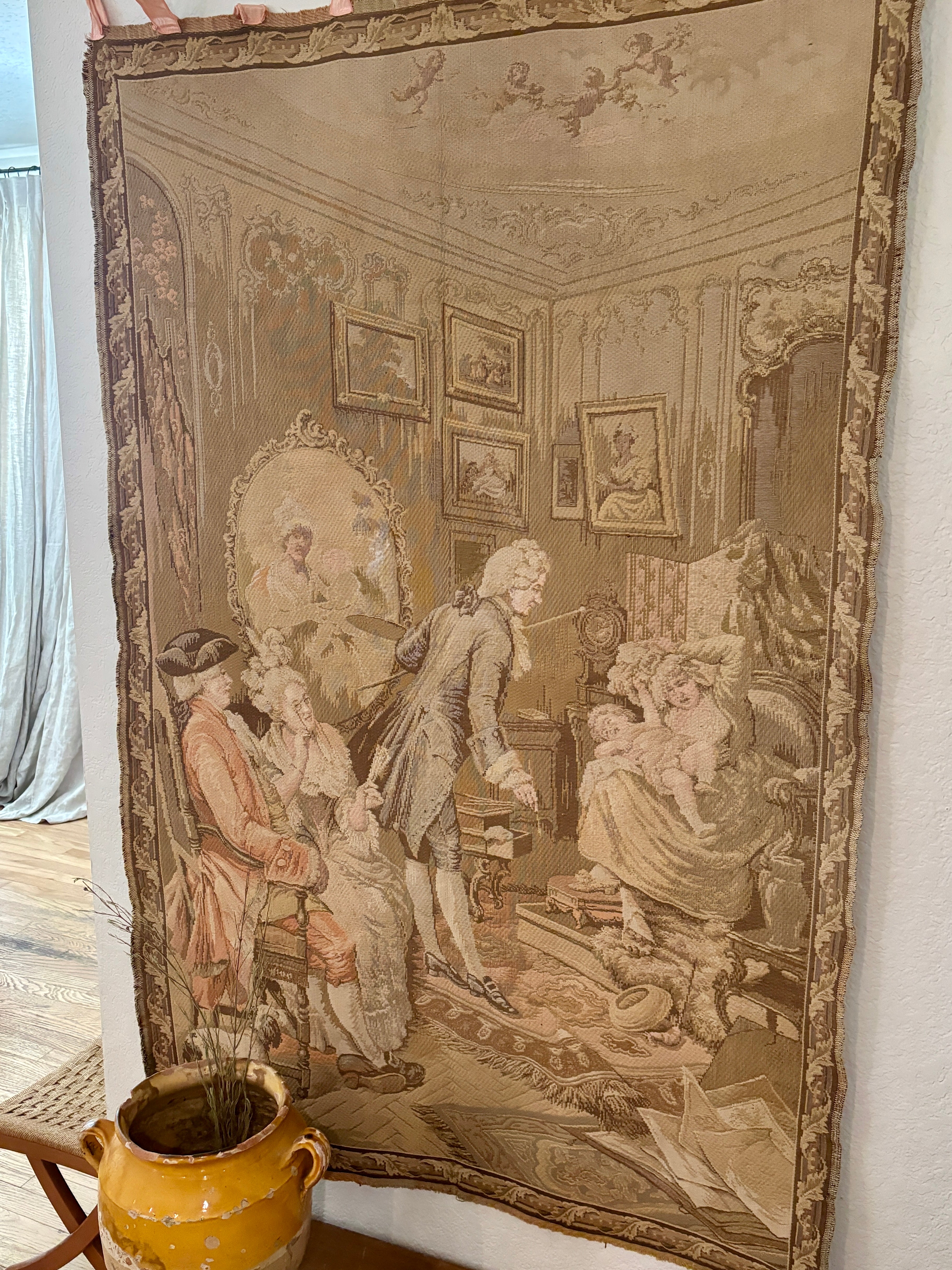 Vintage French Woven Salon Scene Tapestry