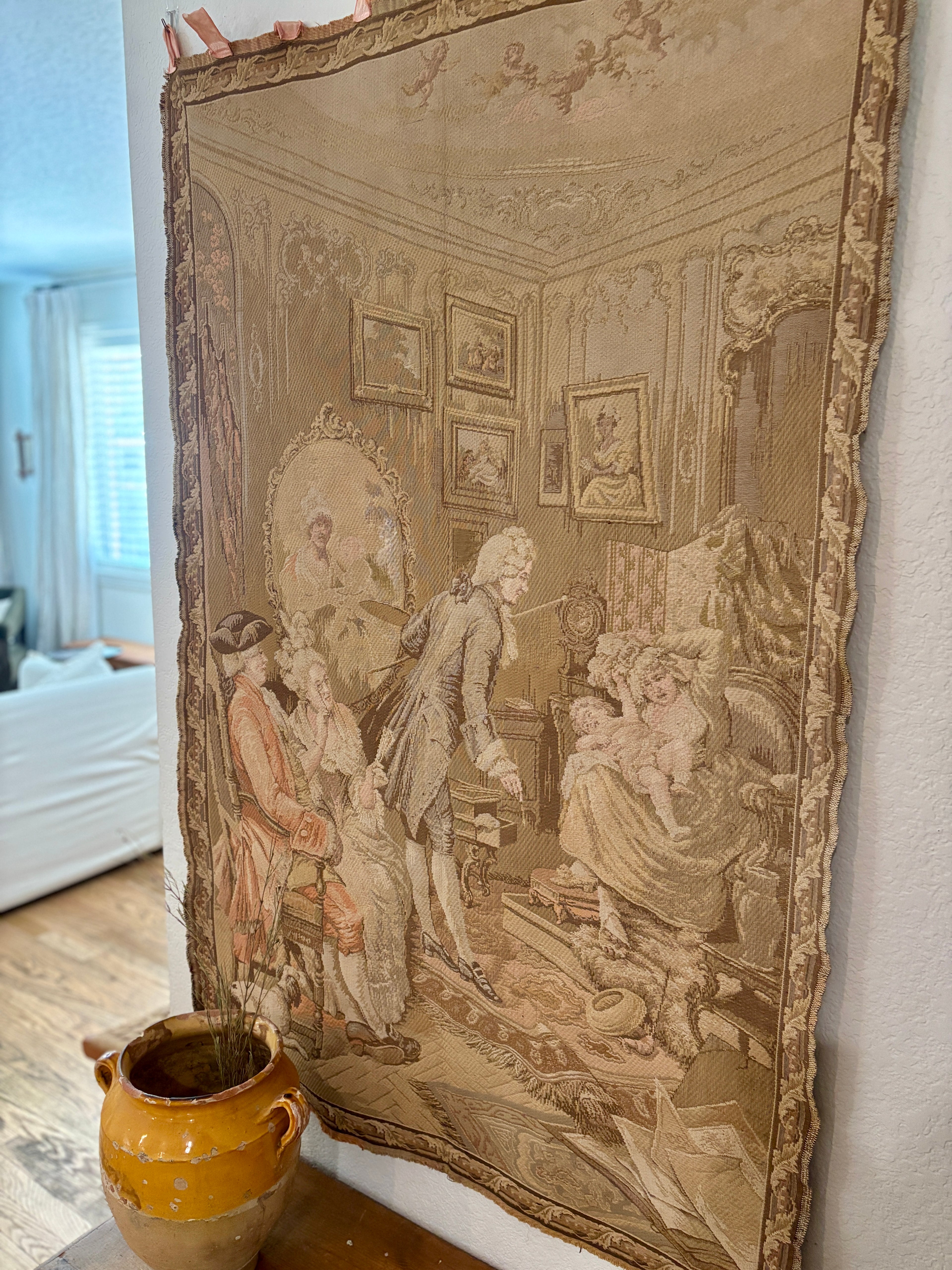 Vintage French Woven Salon Scene Tapestry