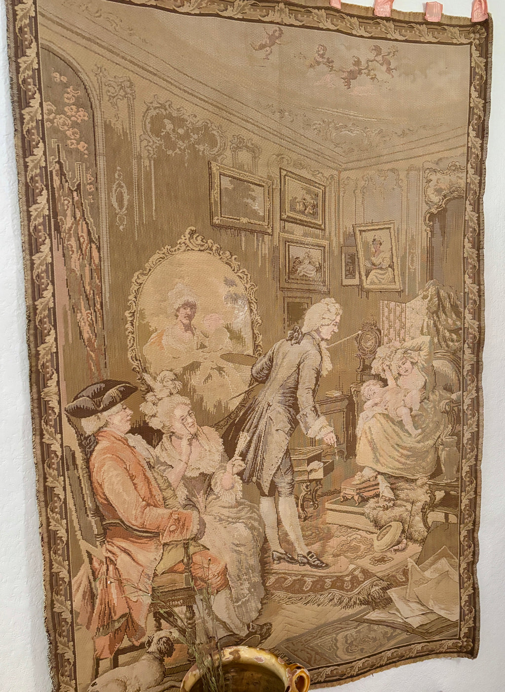 Vintage French Woven Salon Scene Tapestry