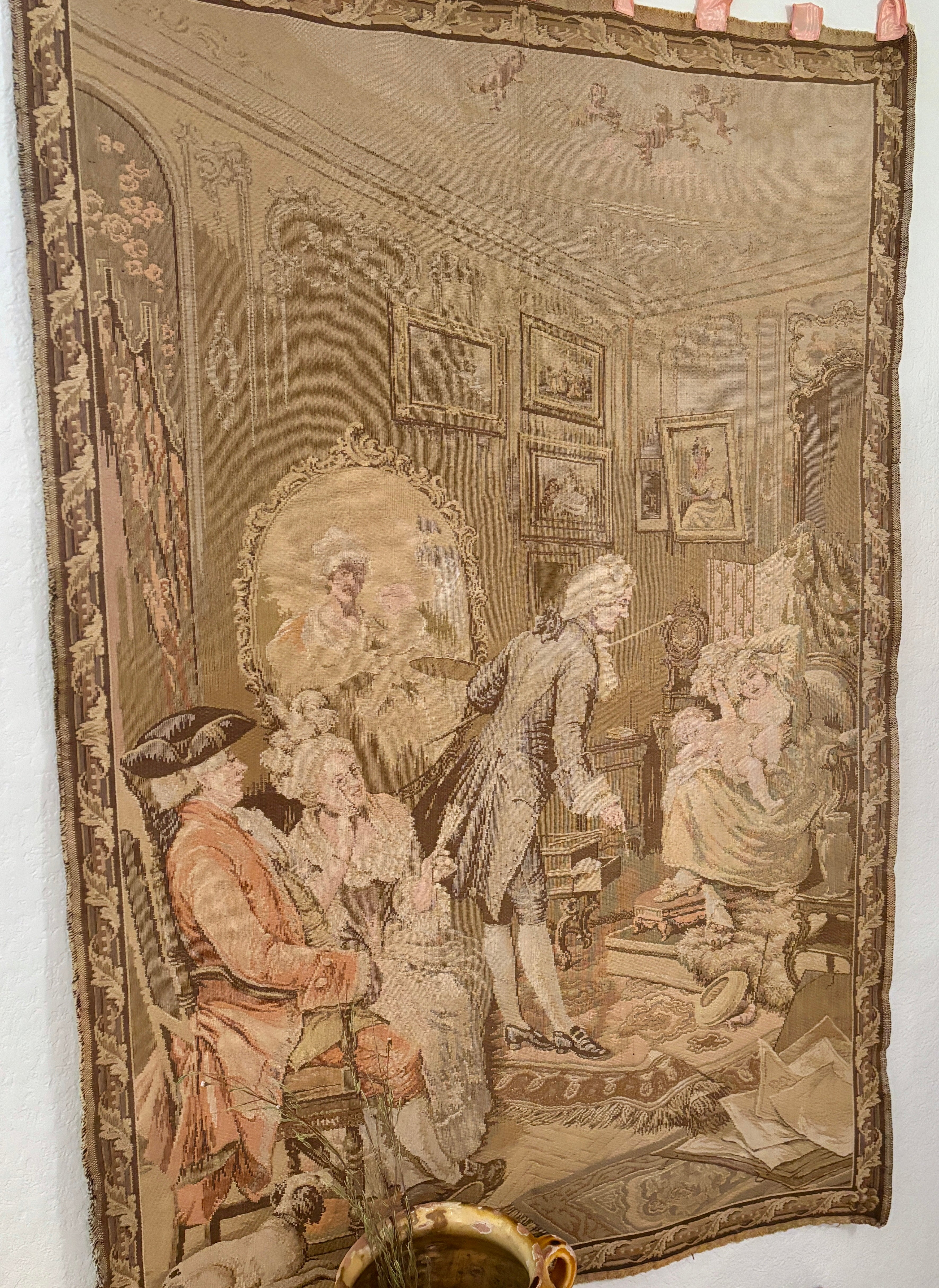 Vintage French Woven Salon Scene Tapestry