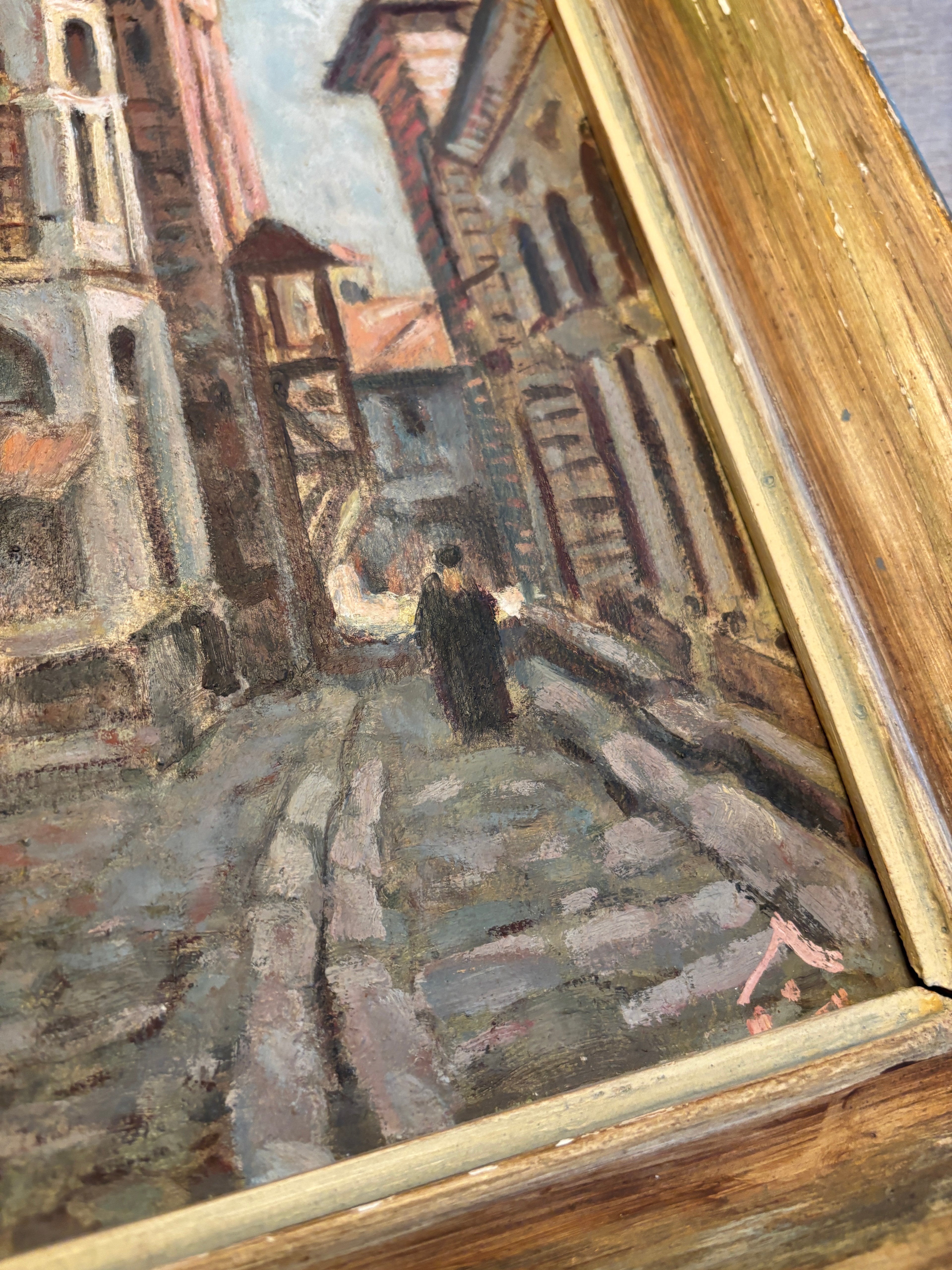 Vintage European Architectural Painting on Board