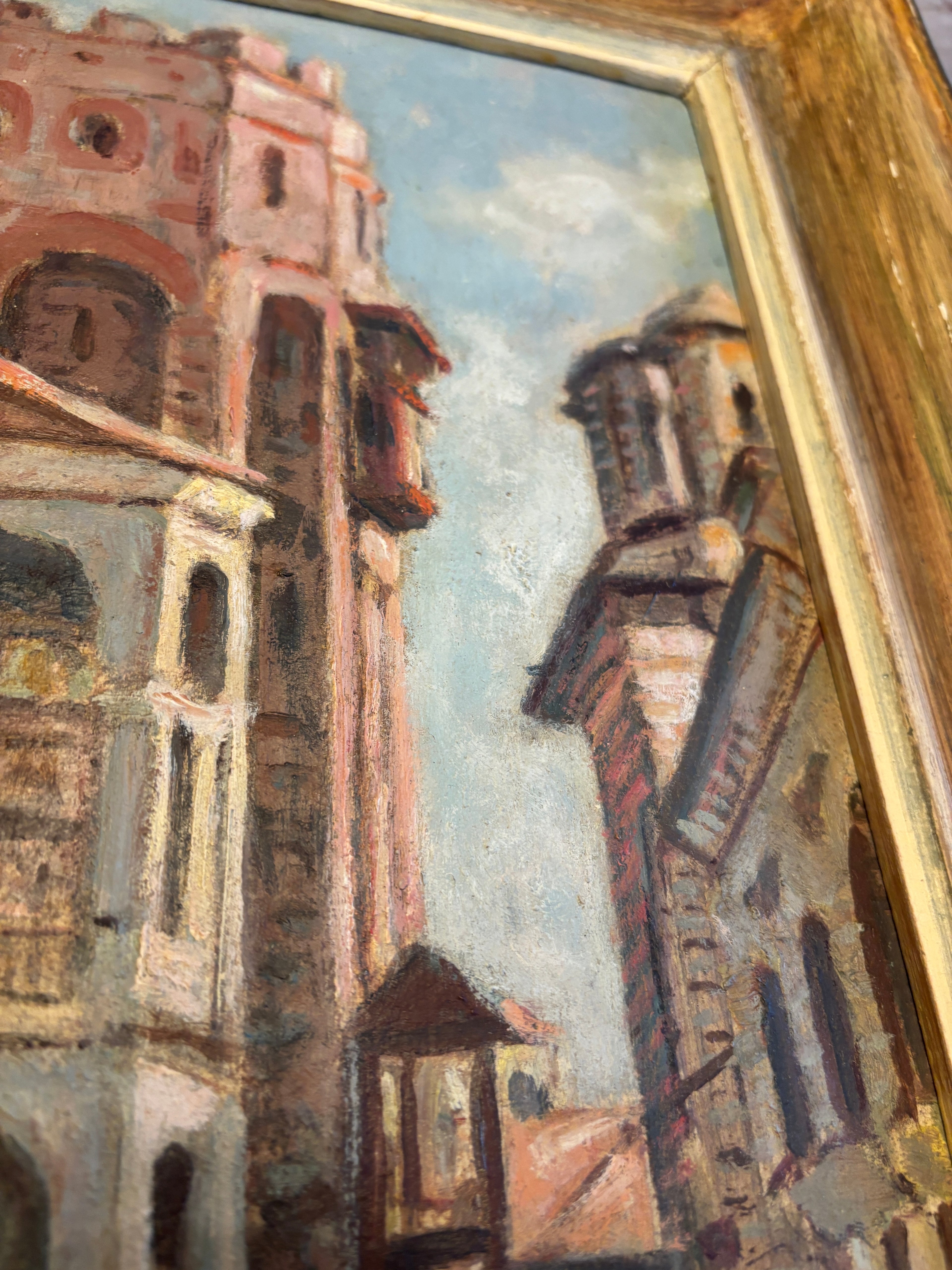 Vintage European Architectural Painting on Board