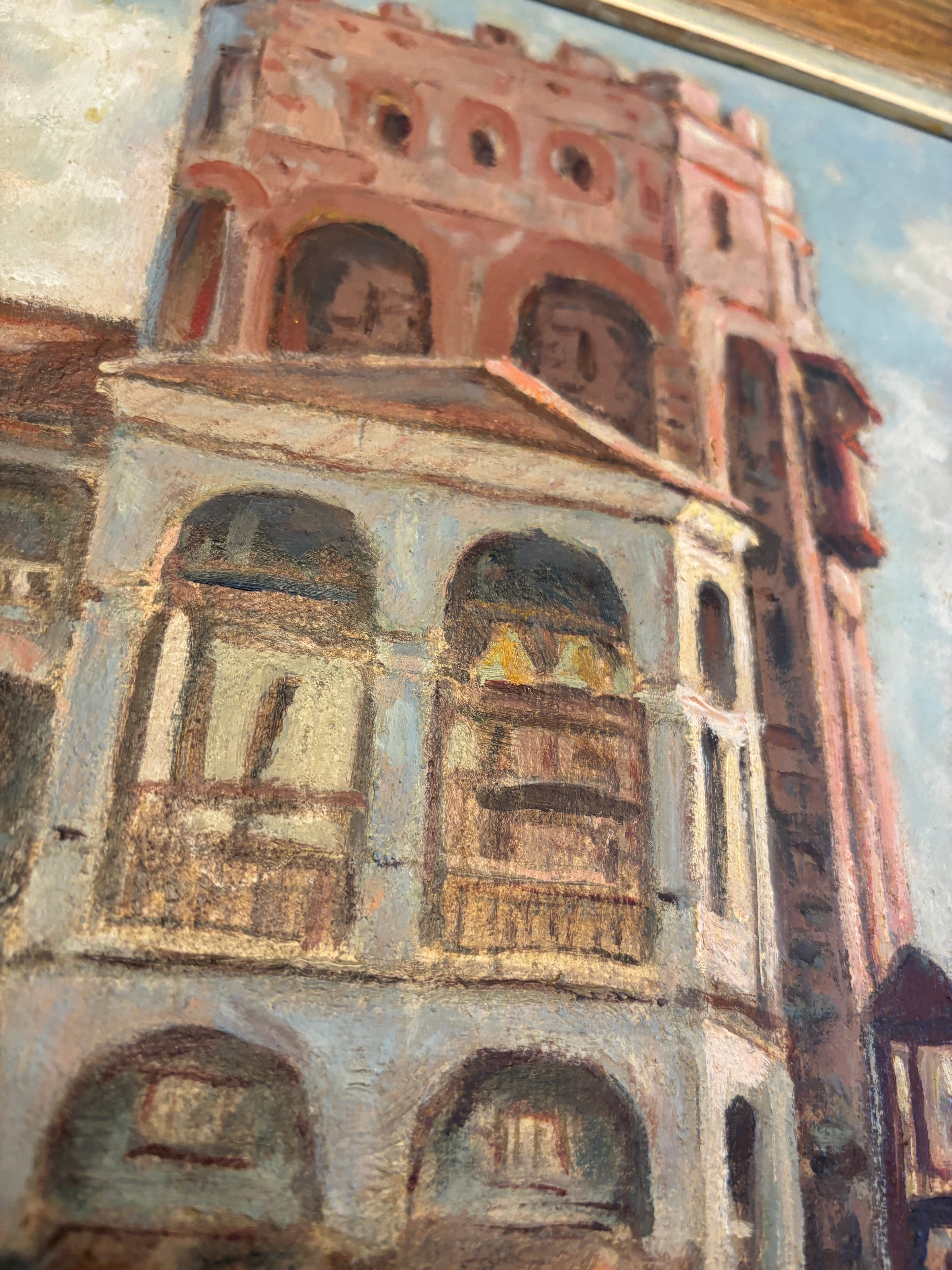 Vintage European Architectural Painting on Board