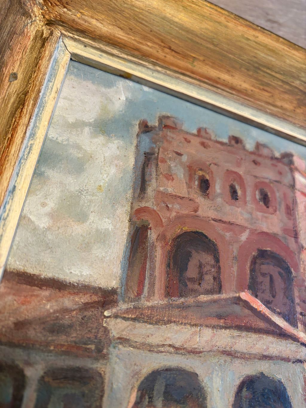 Vintage European Architectural Painting on Board