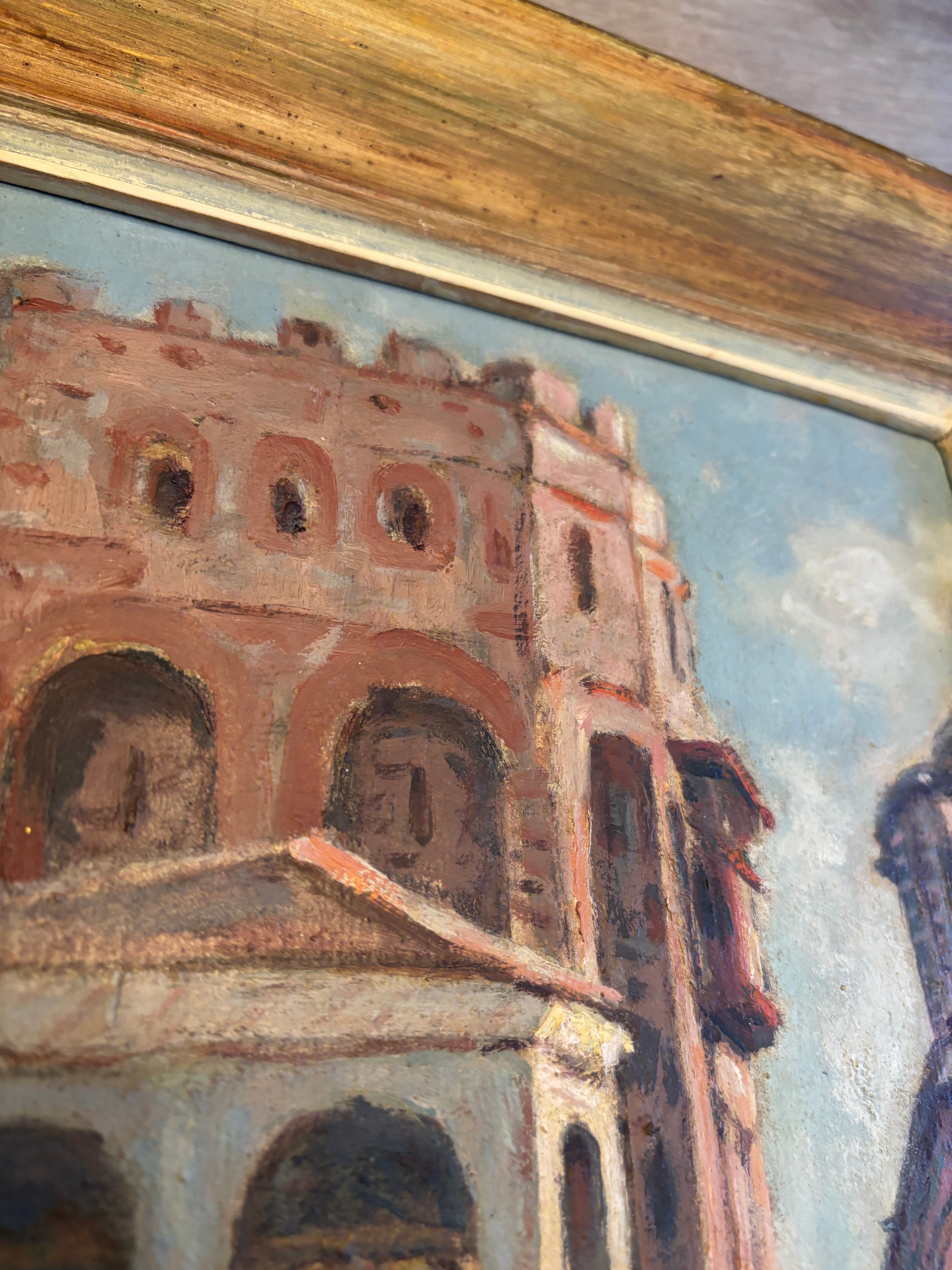 Vintage European Architectural Painting on Board