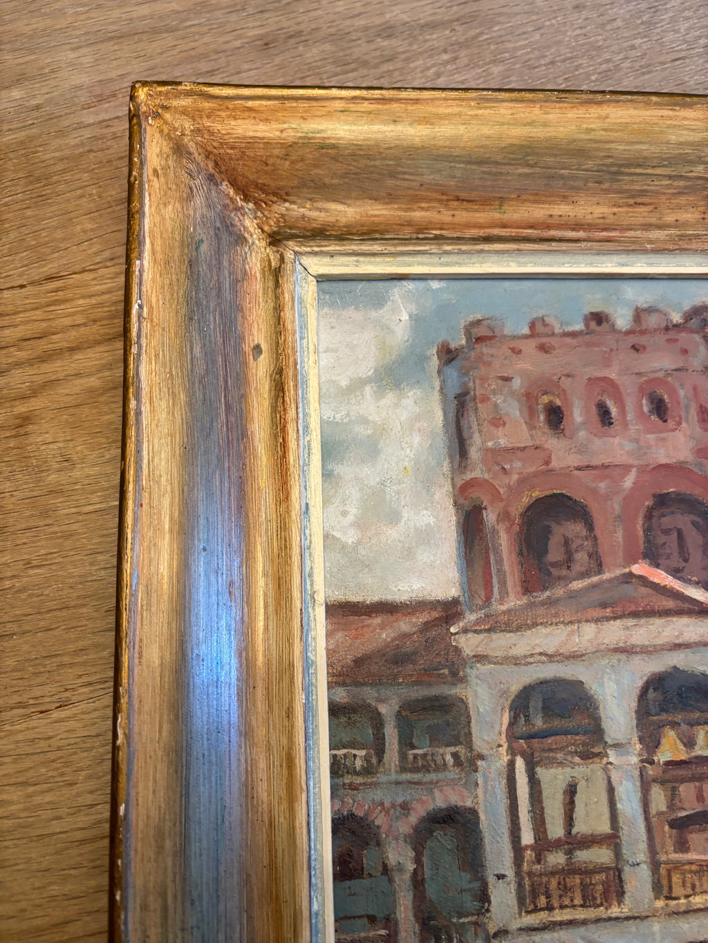 Vintage European Architectural Painting on Board