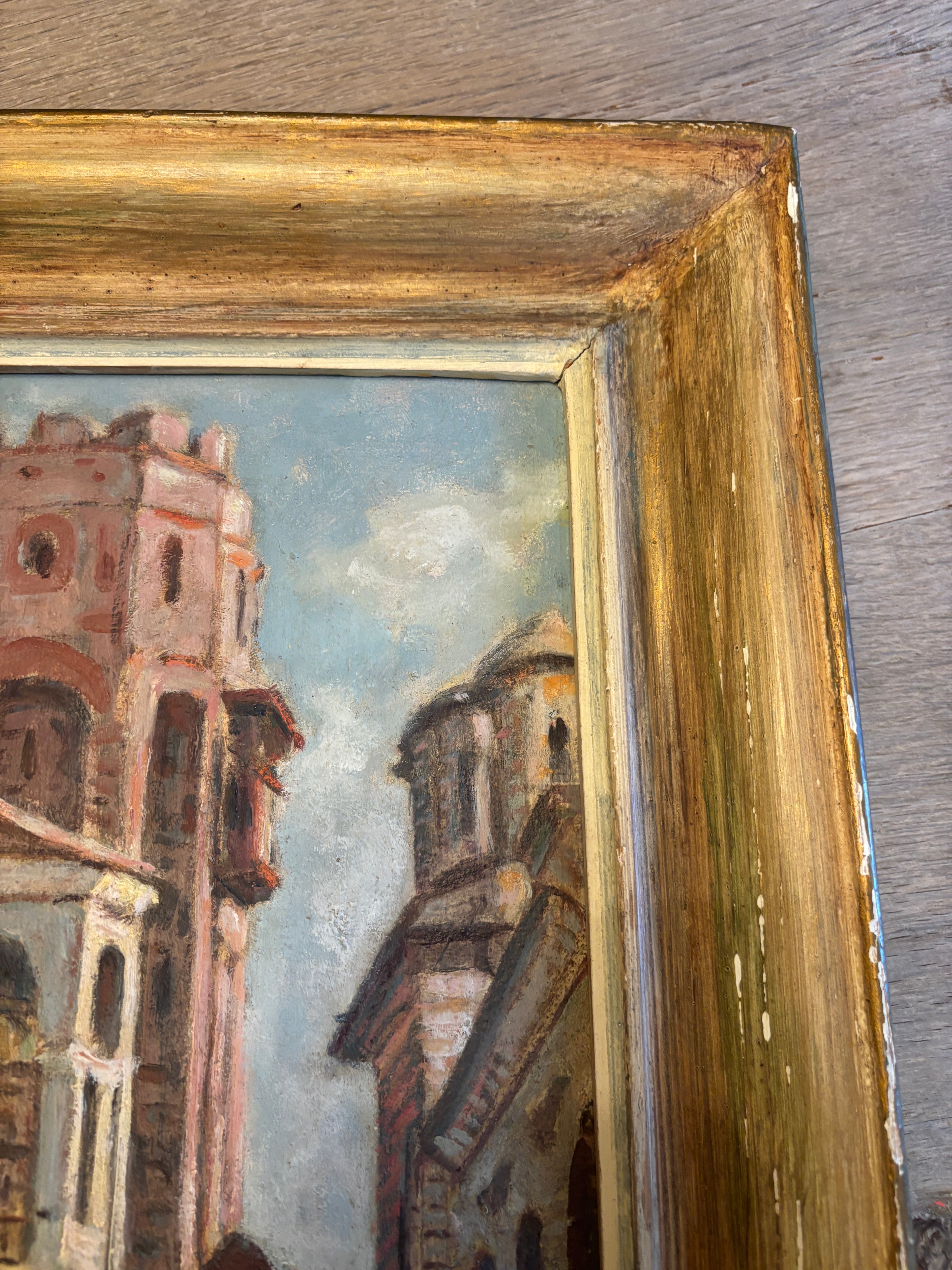 Vintage European Architectural Painting on Board