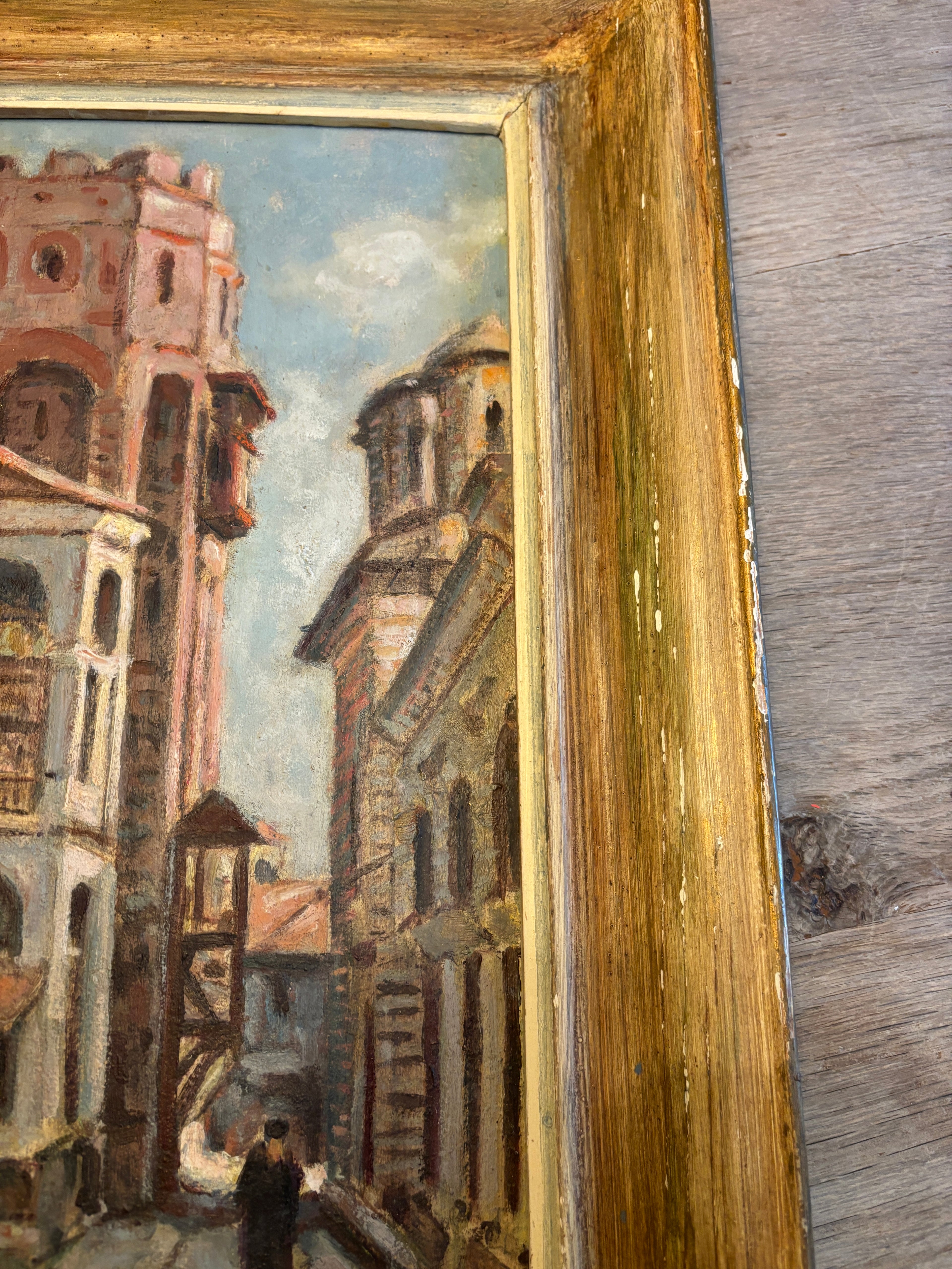 Vintage European Architectural Painting on Board