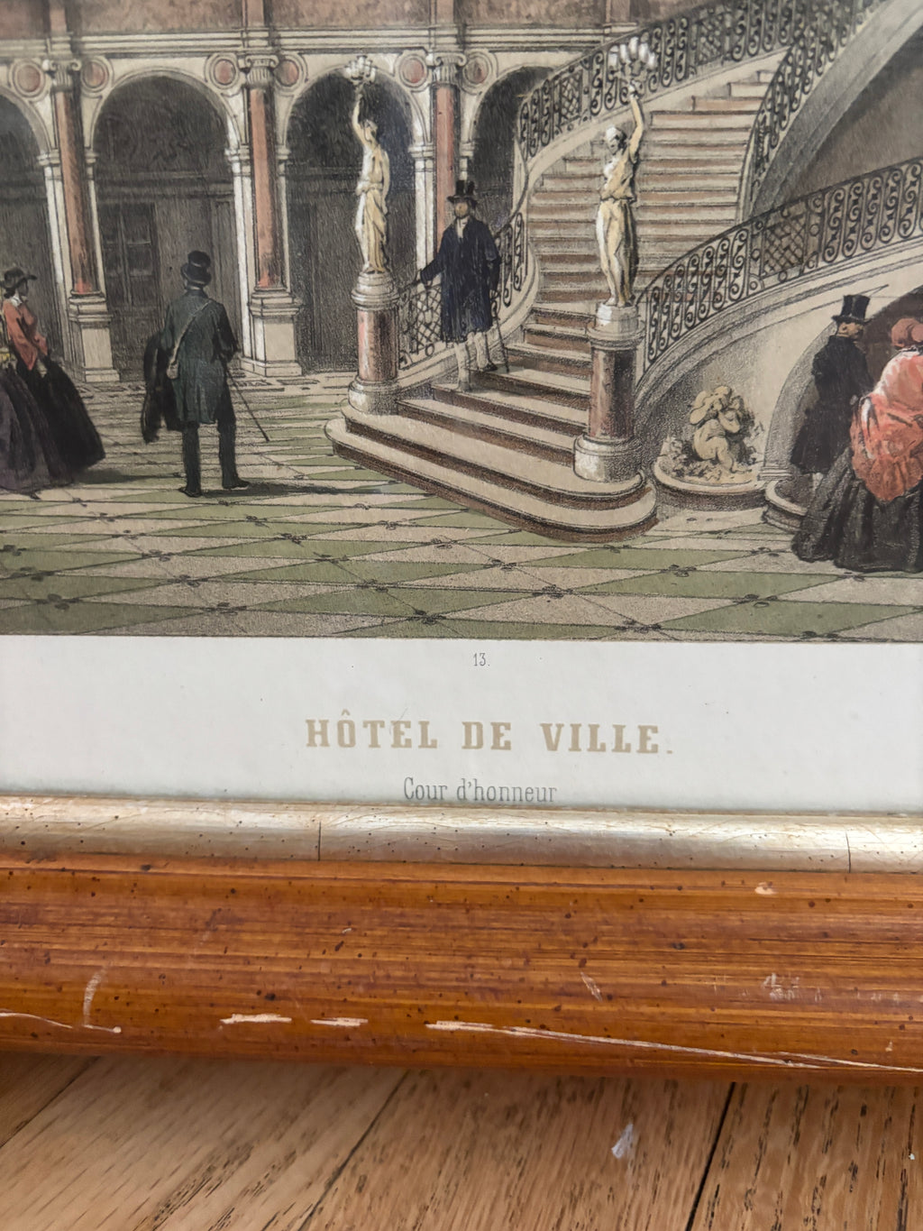 Antique Hand-Colored Lithograph of Hôtel de Ville, Paris in Wood Frame