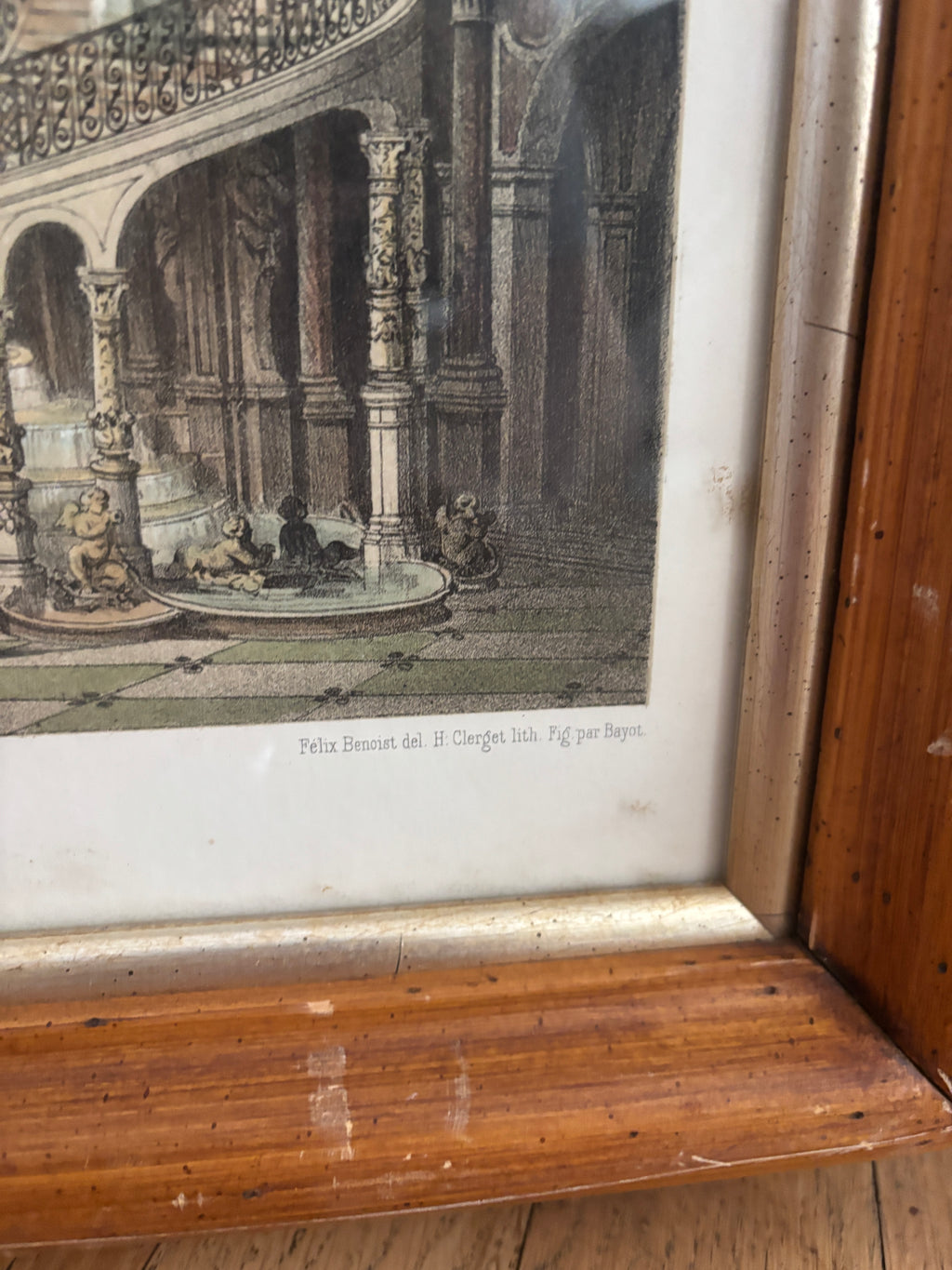 Antique Hand-Colored Lithograph of Hôtel de Ville, Paris in Wood Frame