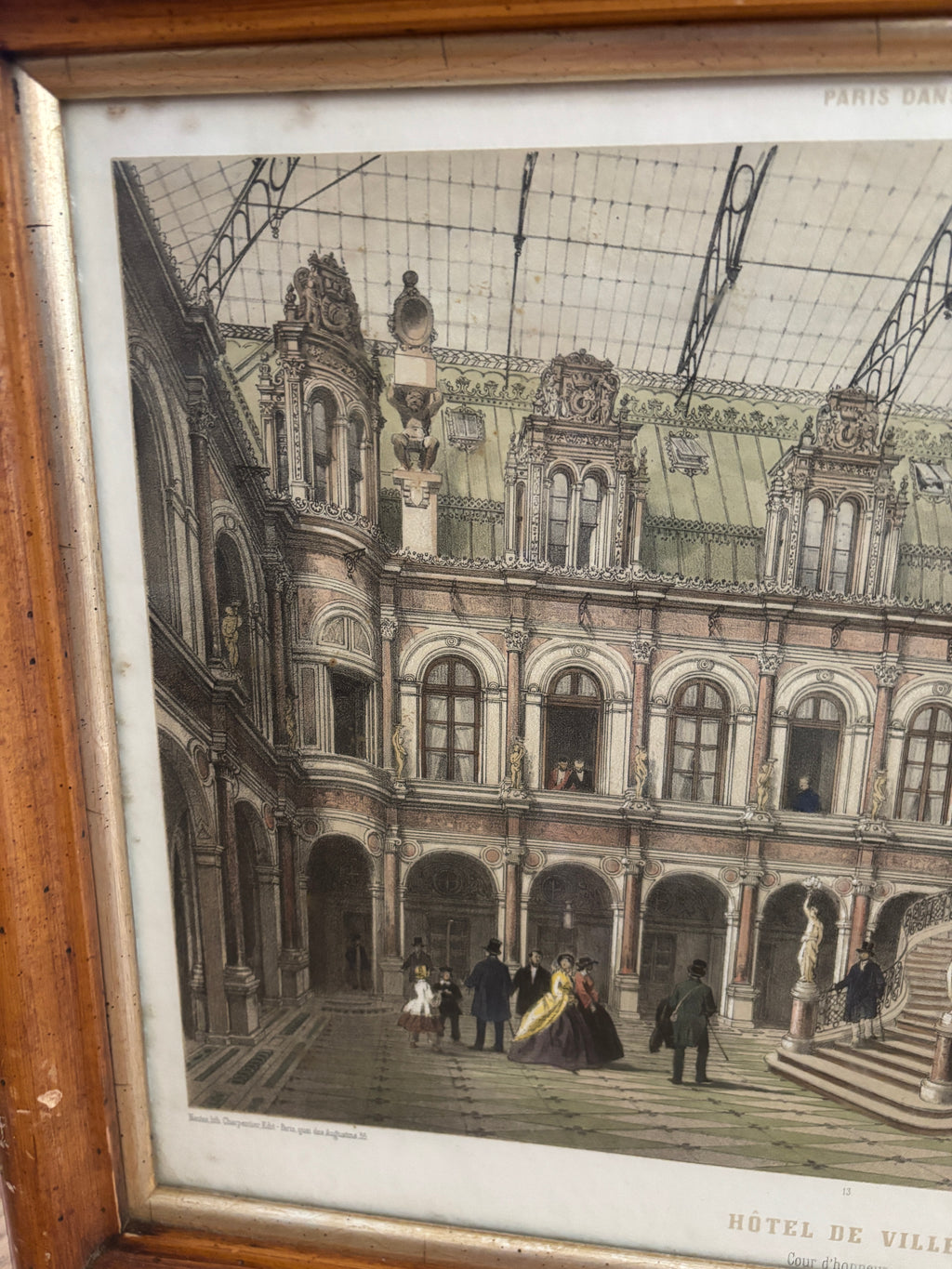 Antique Hand-Colored Lithograph of Hôtel de Ville, Paris in Wood Frame